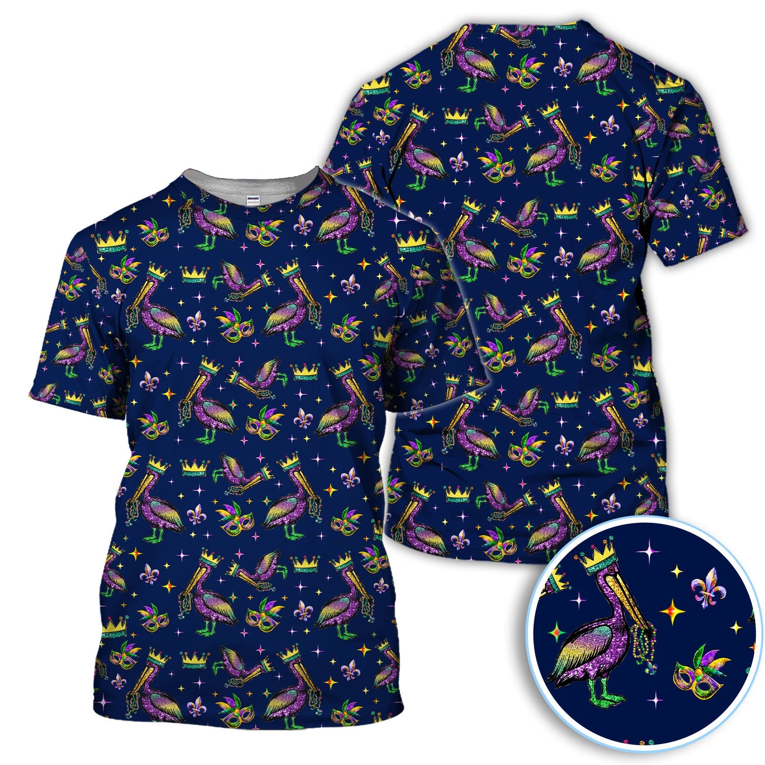Mardi Gras Pelican Pattern Golf Polos, Funny Pelican Golf Shirt For Men, Crazy Golf Gift For Golfer