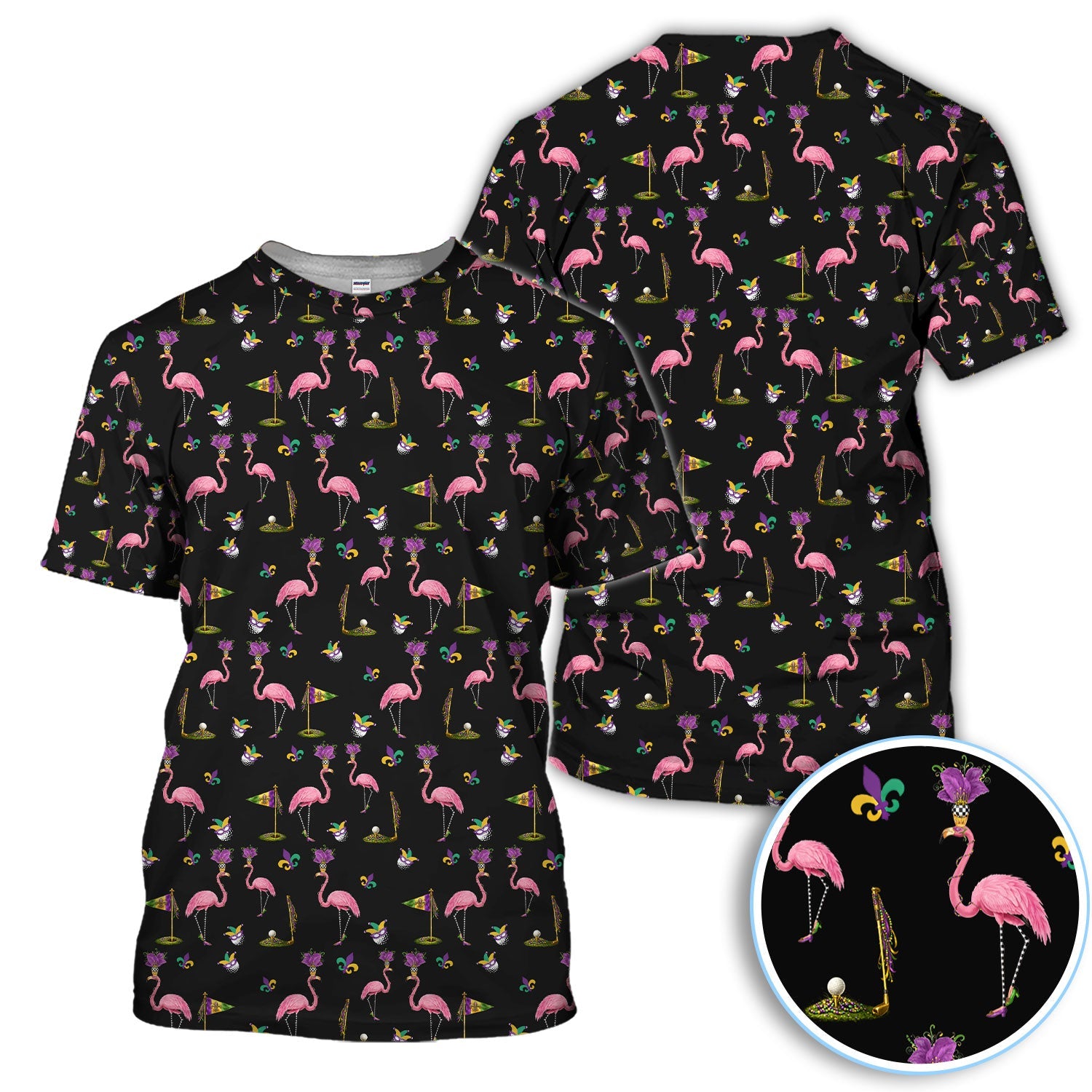 Flamingo Mardi Gras Golf Polos For Golfer, Funny Holiday Pattern Golf Shirt, Golf Gift For Men