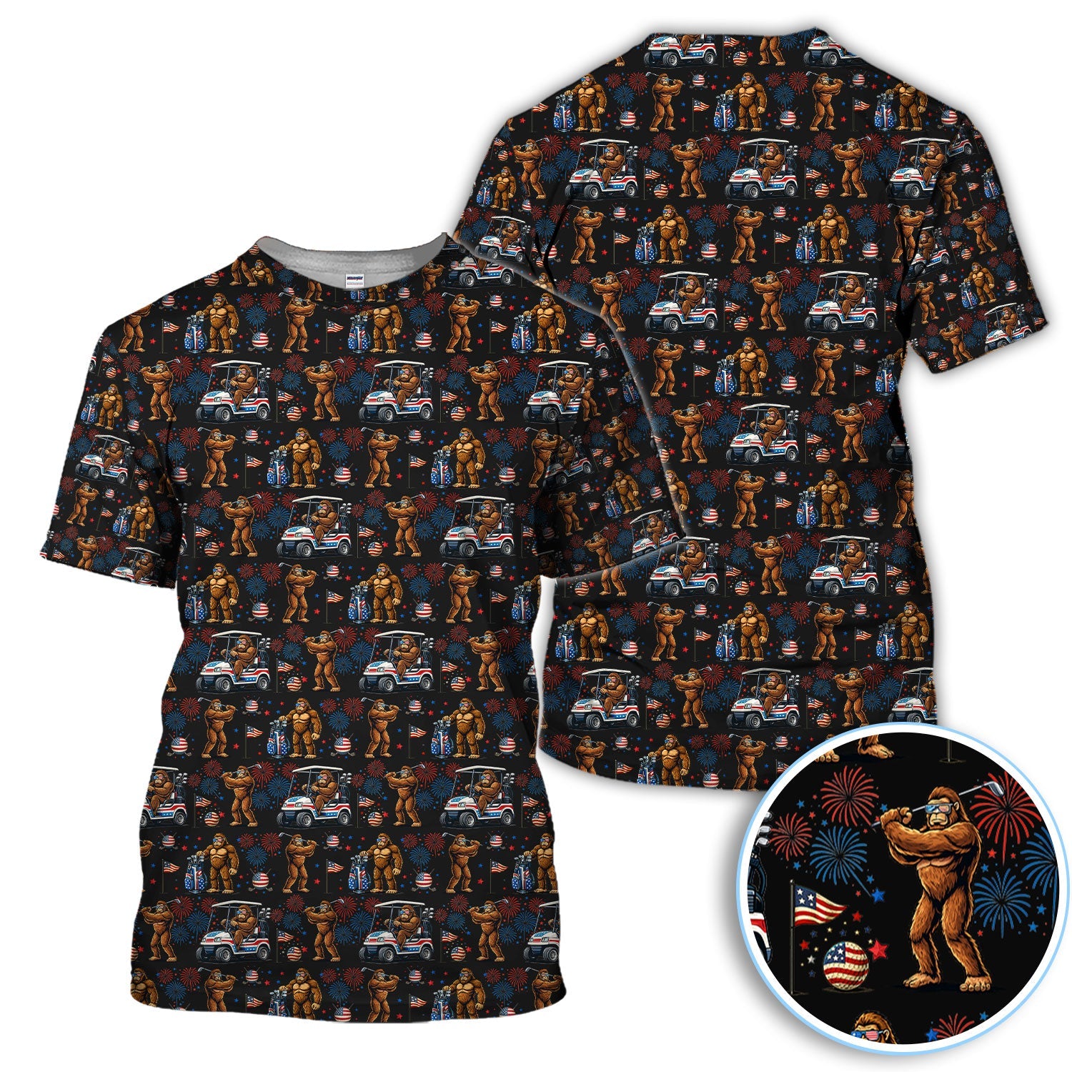 Funny Bigfoot Golf Polos For Golfer, Sasquatch Patriotic USA Pattern Golf Shirt, Golf Gift For Men