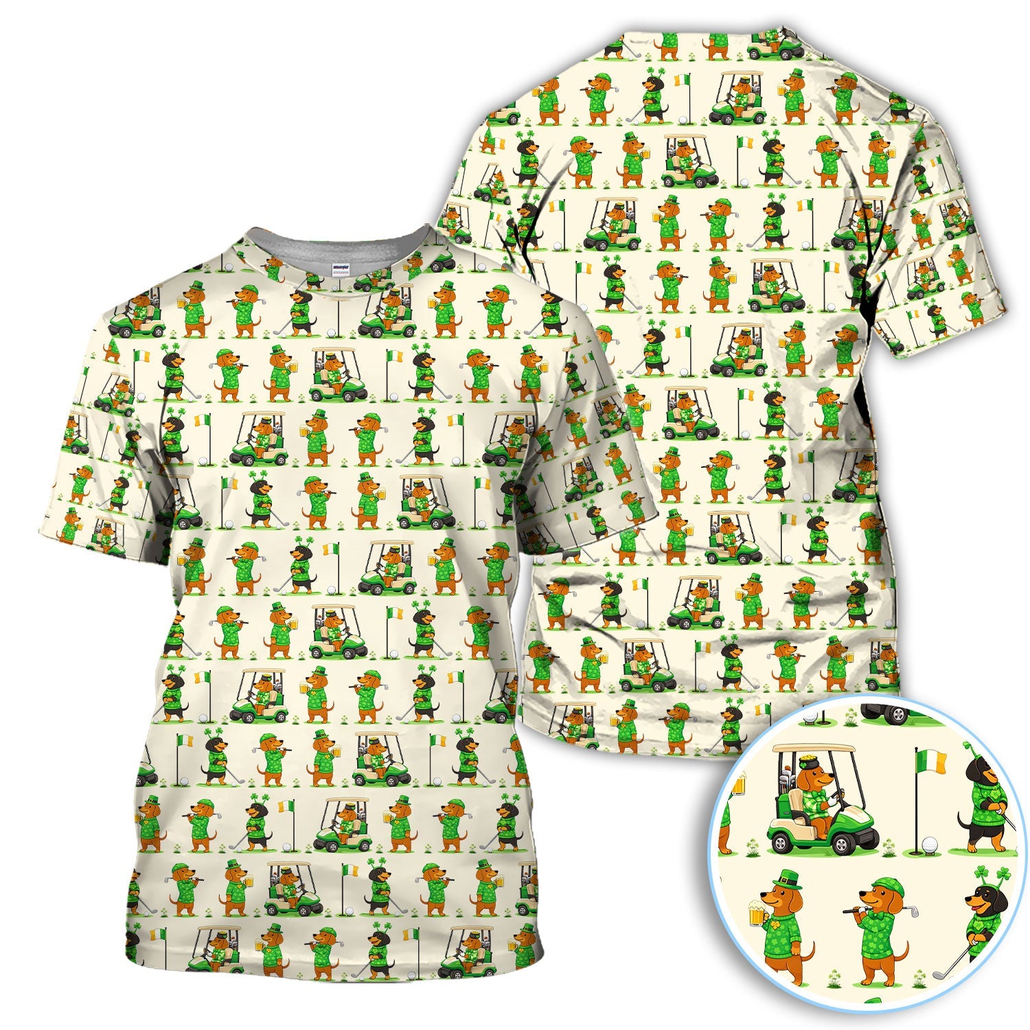 St. Patrick’s Day Dachshund Pattern Golf Polos, Funny Irish Wiener Dog Golf Shirt For Men, Golf Gift For Golfer