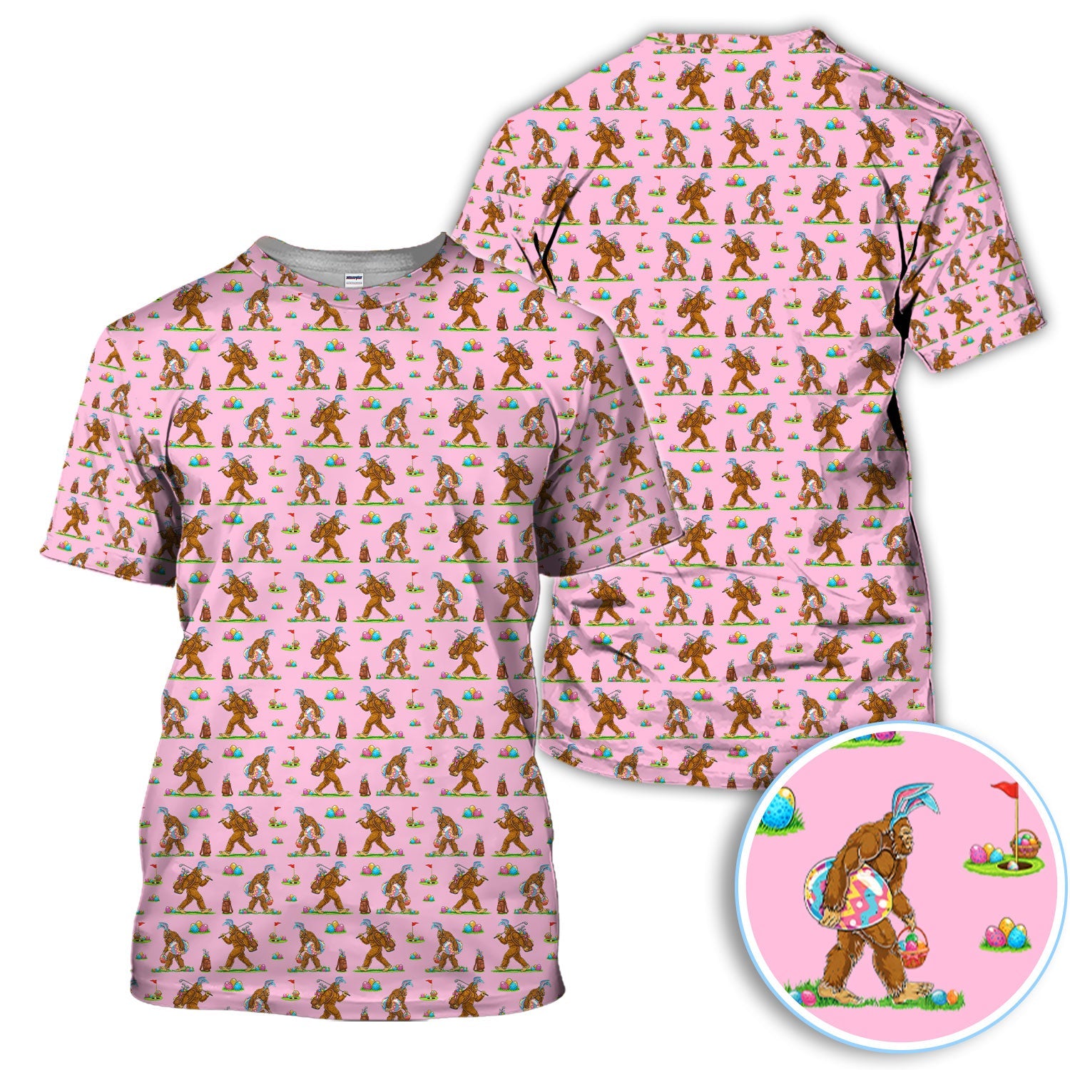 Bigfoot Easter Pattern Golf Polos, Bunny Sasquatch Golf Shirt For Men, Easter Day Shirt For Golfer