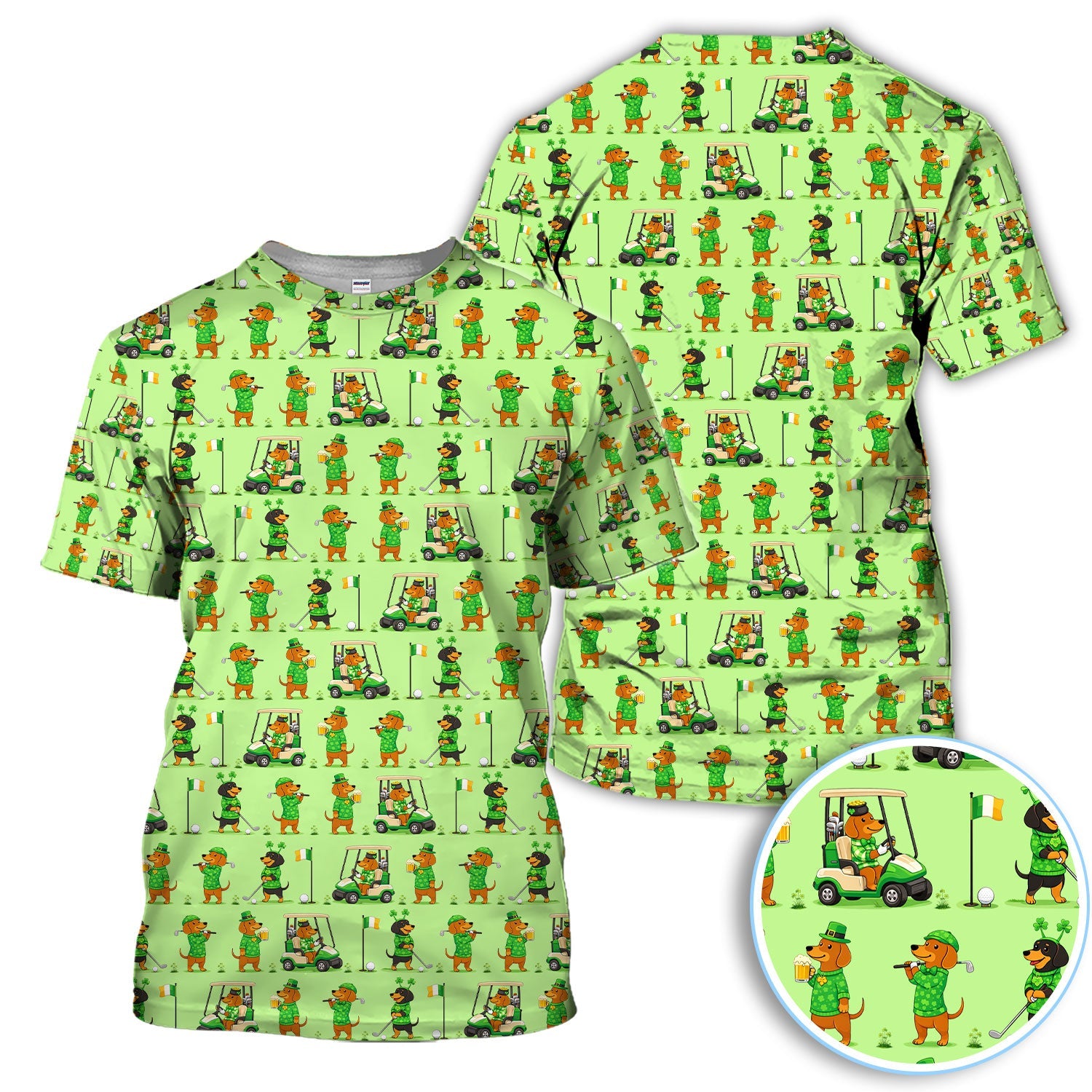 St. Patrick’s Day Dachshund Pattern Golf Polos, Funny Irish Wiener Dog Golf Shirt For Men, Golf Gift For Golfer