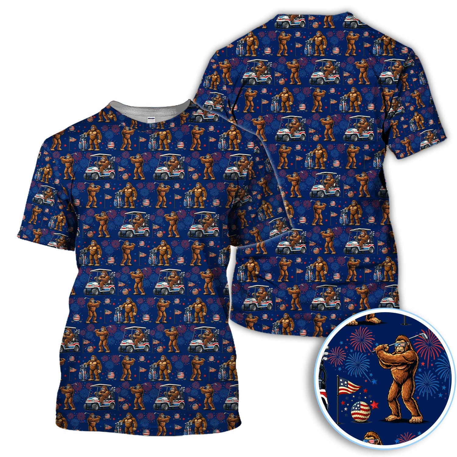 Funny Bigfoot Golf Polos For Golfer, Sasquatch Patriotic USA Pattern Golf Shirt, Golf Gift For Men