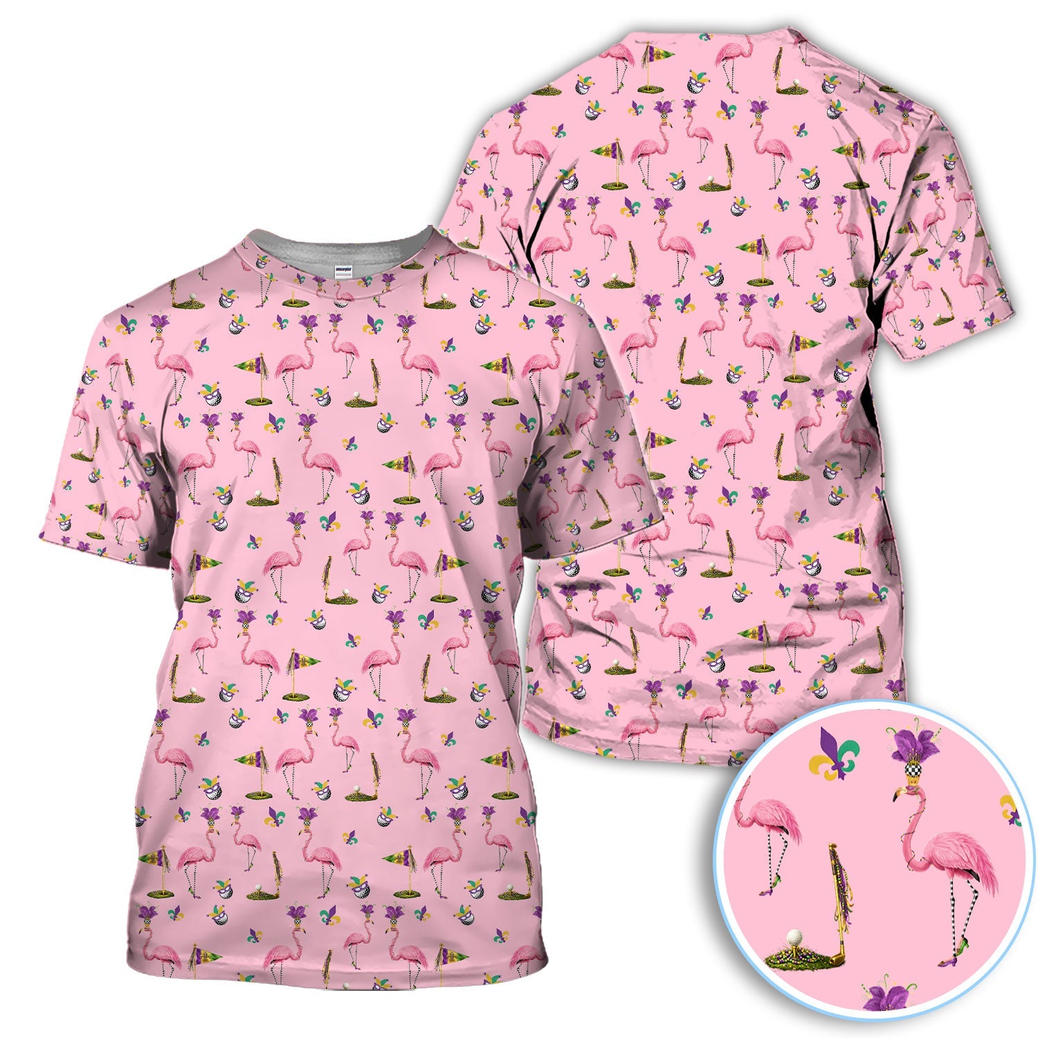 Flamingo Mardi Gras Golf Polos For Golfer, Funny Holiday Pattern Golf Shirt, Golf Gift For Men
