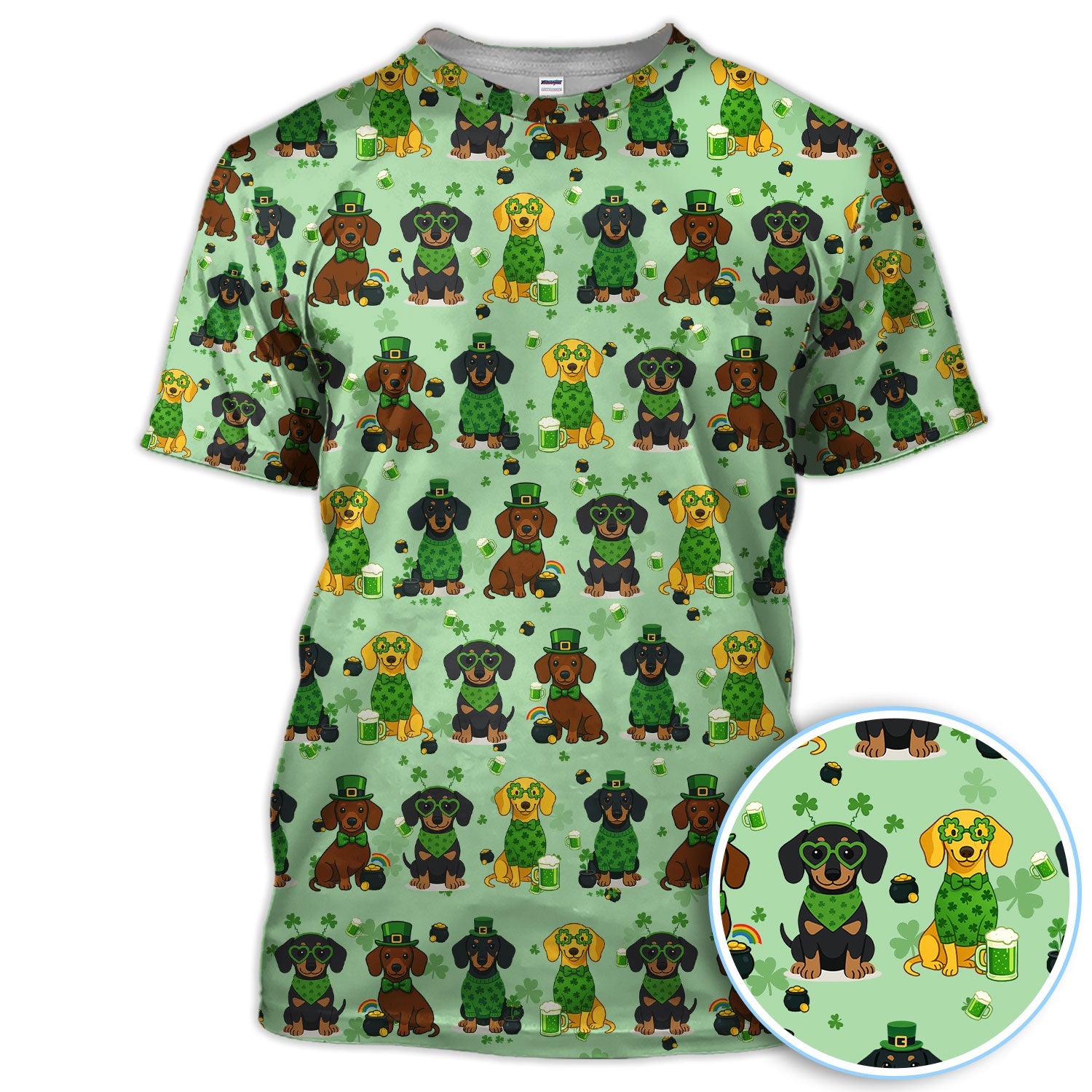 St. Patrick’s Day Dachshund Dog Pattern Golf Shirt, Funny Shamrock Dog Golf Polos For Men, Golf Gift For Golfer