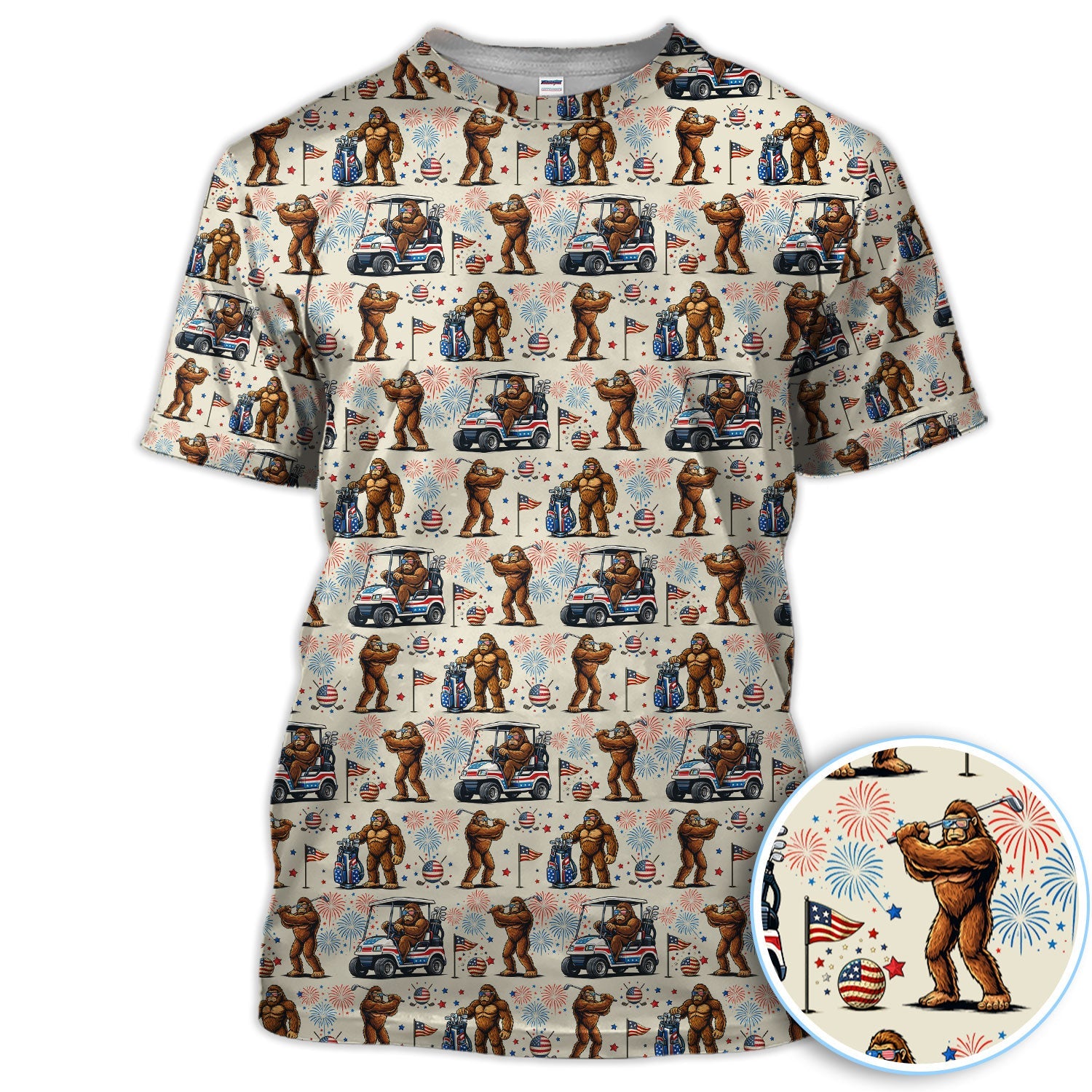 Funny Bigfoot Golf Polos For Golfer, Sasquatch Patriotic USA Pattern Golf Shirt, Golf Gift For Men