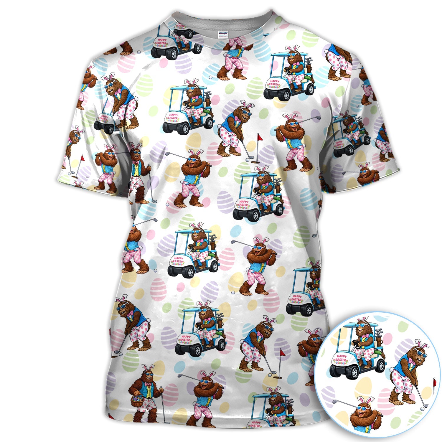 Funny Easter Bigfoot Golf Polo Shirt, Bunny Sasquatch Golfer Shirt, Unique Golf Gift for Men