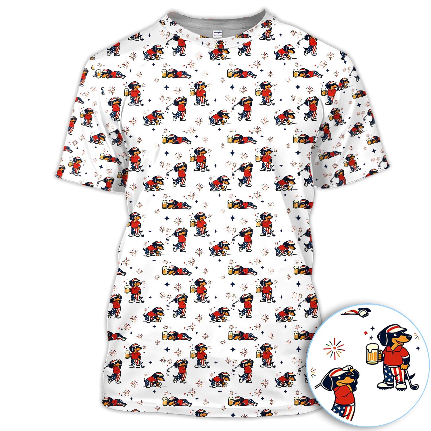 Funny Patriotic Golf Dog Polo Shirt, USA Dachshund Beer & Fireworks Pattern Shirt, 4th of July Golfer Gift For Women
