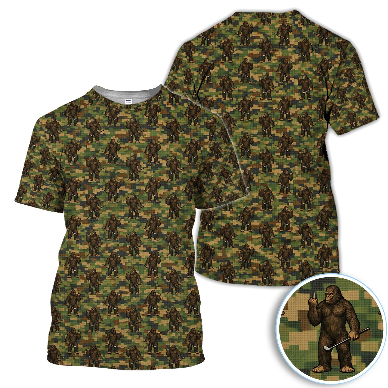 Bigfoot Golfer Camo Pattern Golf Shirt, Sasquatch Middle Finger Golf Shirt For Men, Golfer Gift