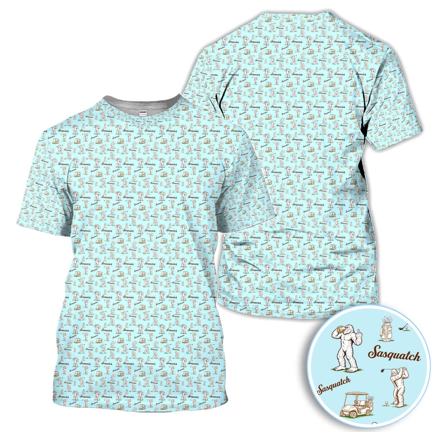 Vintage Sasquatch Golf Polo Shirt, Light Blue Bigfoot Pattern Shirt, Funny Golfer Gift For Men