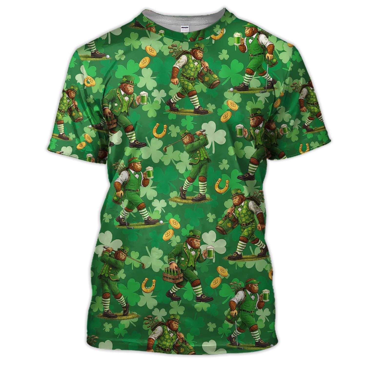 St. Patrick’s Day Bigfoot Leprechaun Golf Polos, Funny Irish Green Golf Shirt For Golfer, Golf Gift For Men