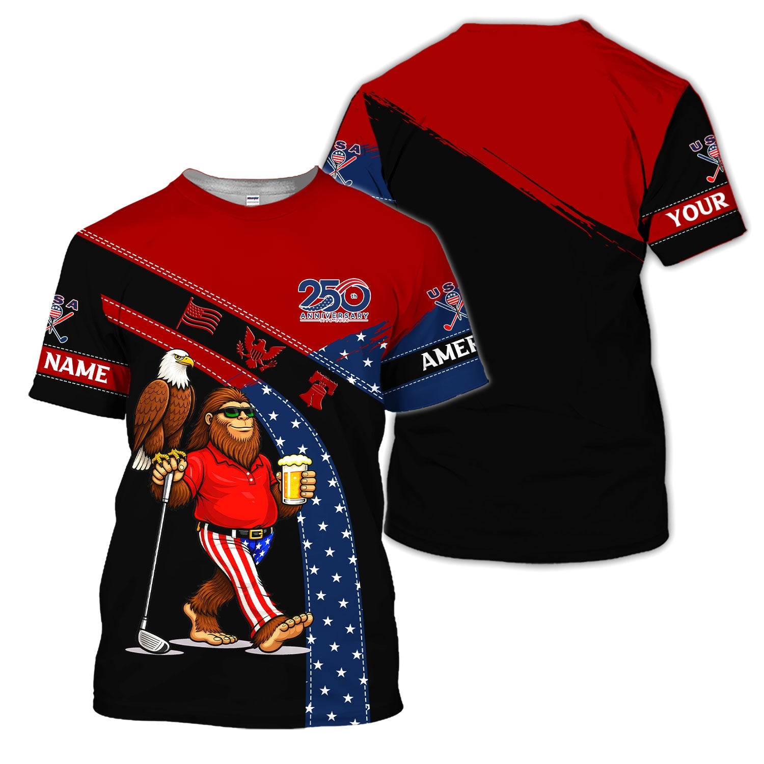 Funny Patriotic Golf Polos, Bigfoot Eagle Beer Pattern Shirt For Men, USA Golf Vibes