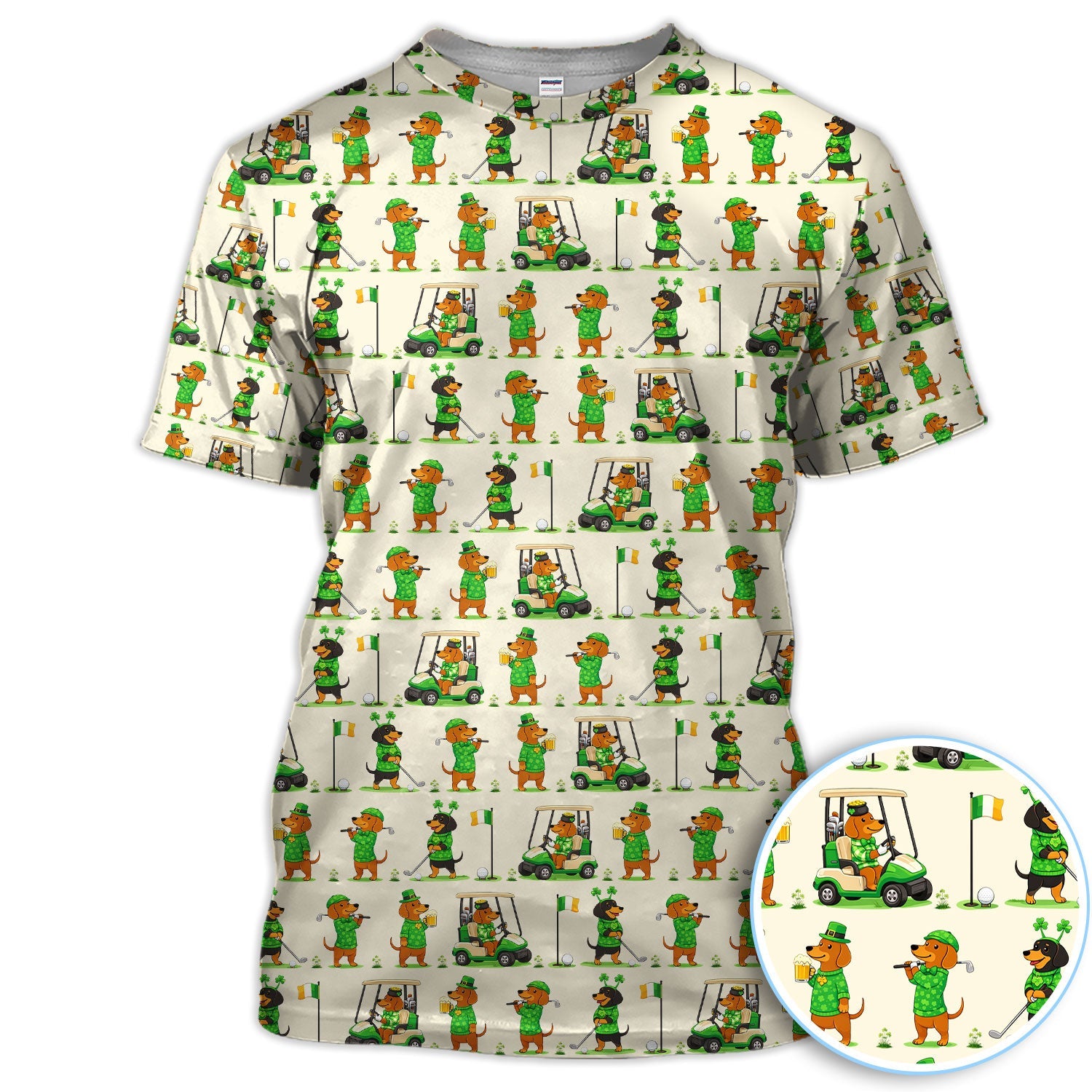 St. Patrick’s Day Dachshund Pattern Golf Polos, Funny Irish Wiener Dog Golf Shirt For Men, Golf Gift For Golfer