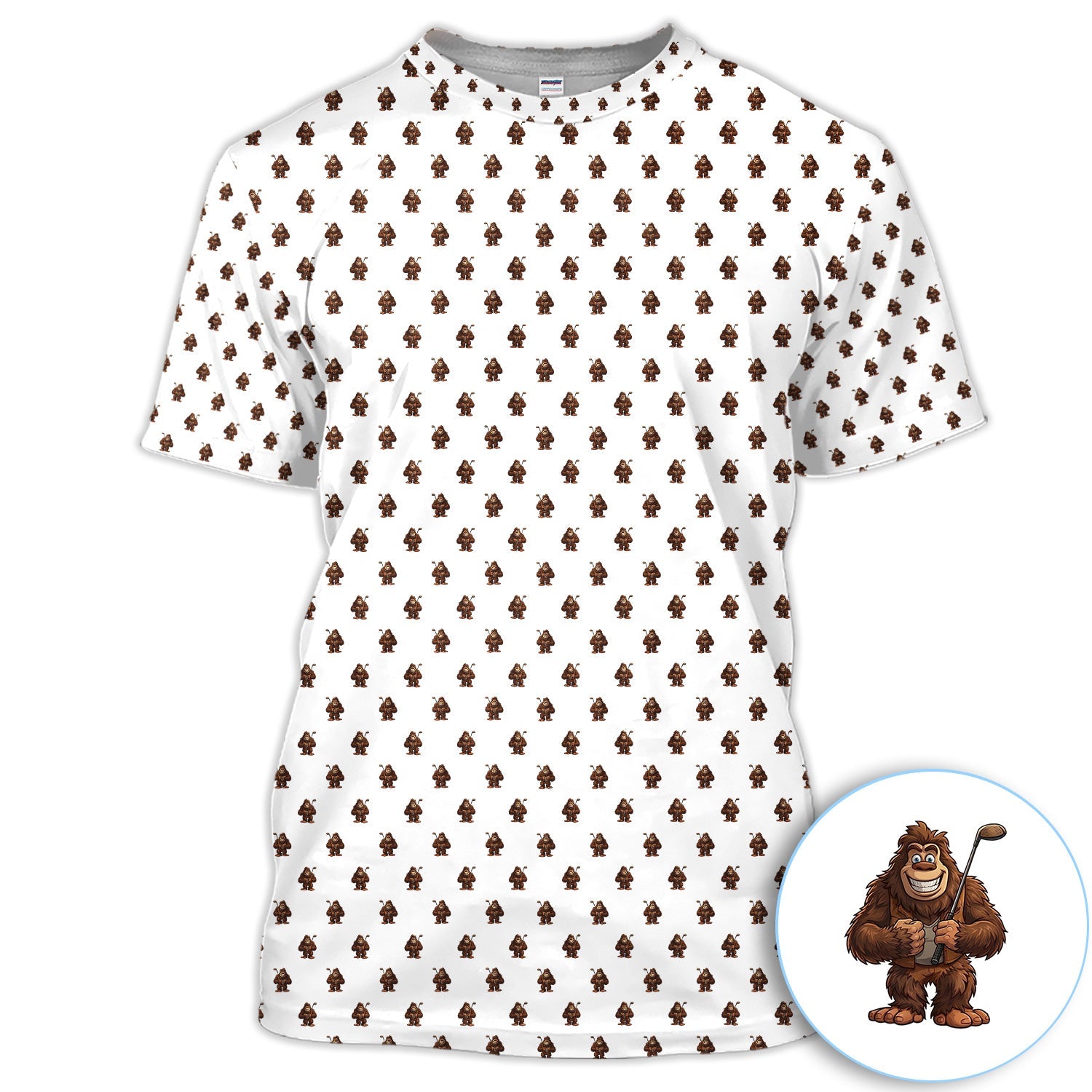Funny Bigfoot Cartoon Pattern Golf Shirt, Cute Sasquatch Golfer Polo Shirt For Men, Golfer Gift