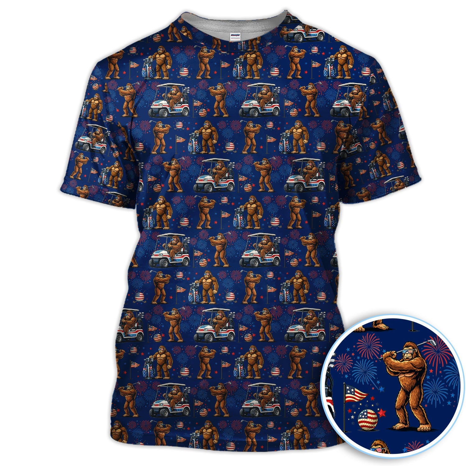 Funny Bigfoot Golf Polos For Golfer, Sasquatch Patriotic USA Pattern Golf Shirt, Golf Gift For Men