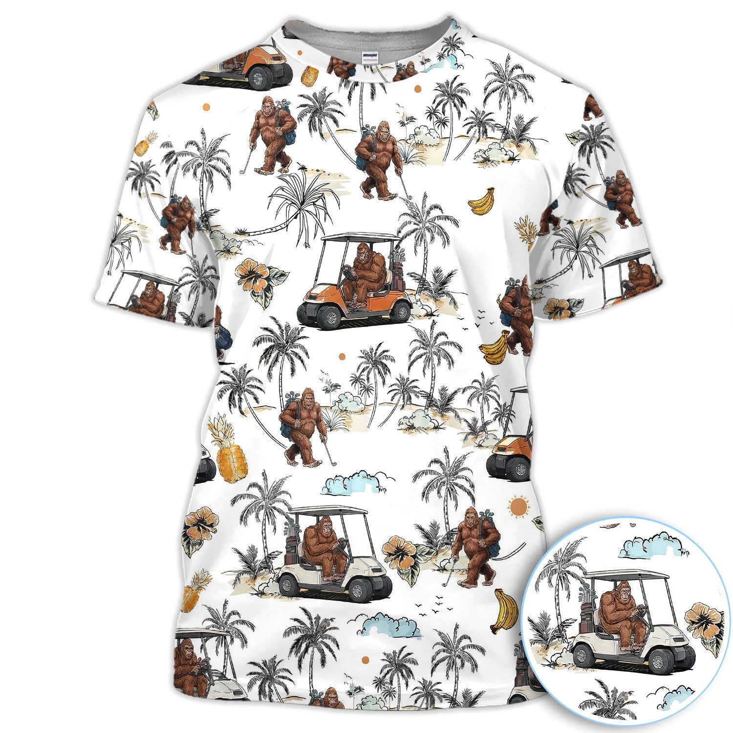 Funny Bigfoot Golf Cart Tropical Pattern Golf Shirt, Sasquatch Golfer Palm Golf Shirt For Men, Golfer Gift