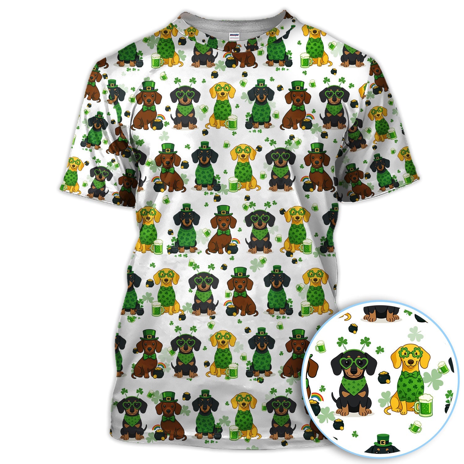 St. Patrick’s Day Dachshund Dog Pattern Golf Shirt, Funny Shamrock Dog Golf Polos For Men, Golf Gift For Golfer