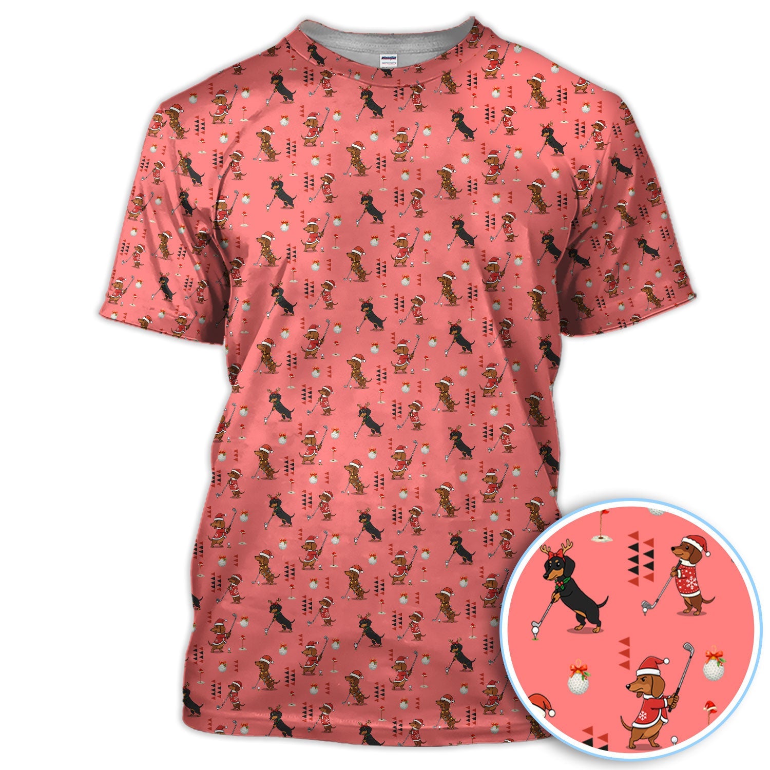 Christmas Dachshund Pattern Polos, Funny Xmas Wiener Dog Golf Shirt, Festive Golf Gift For Men