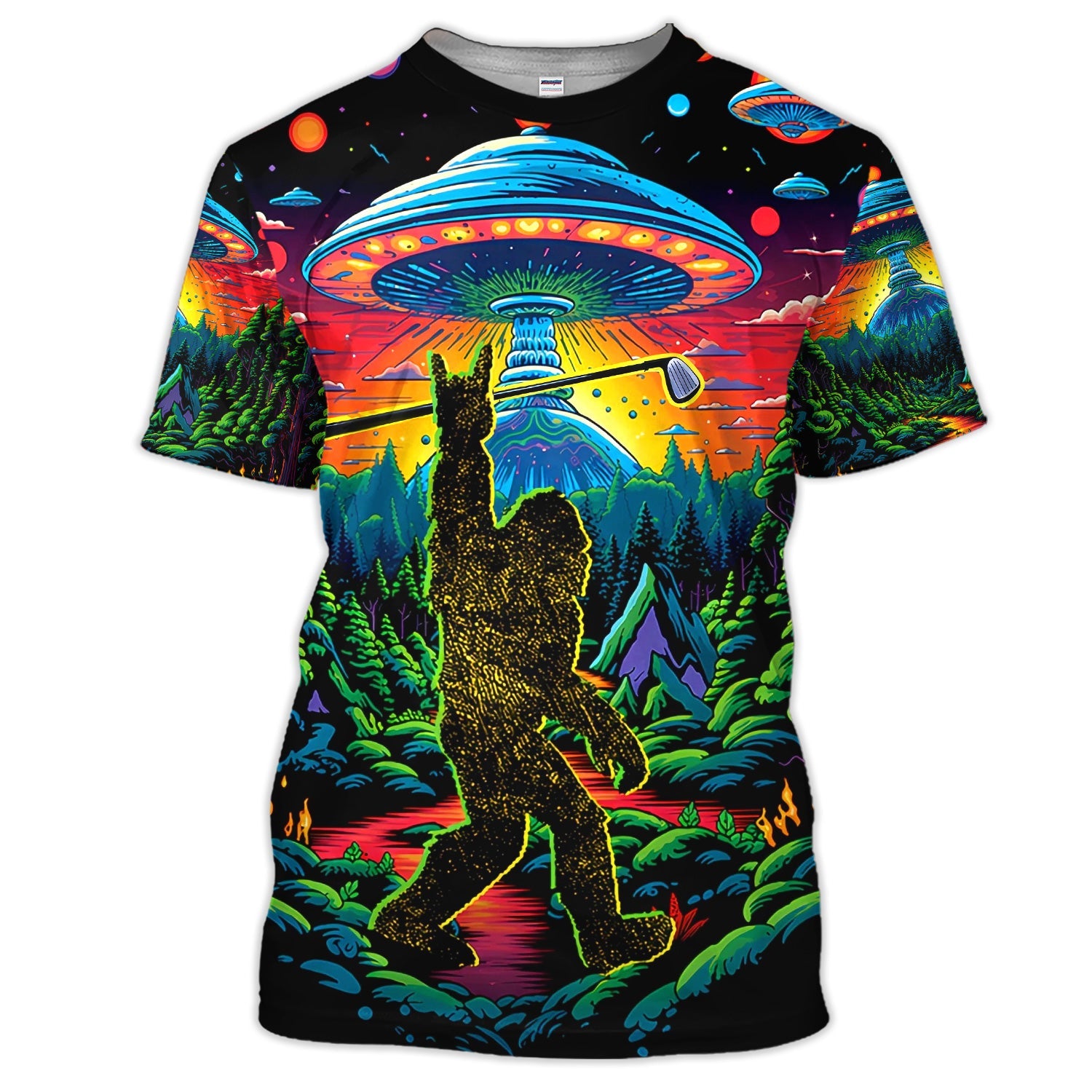 Psychedelic Bigfoot UFO Golf Pattern Shirt, Alien Bigfoot Golf Shirt For Men, Funny Golfer Gift