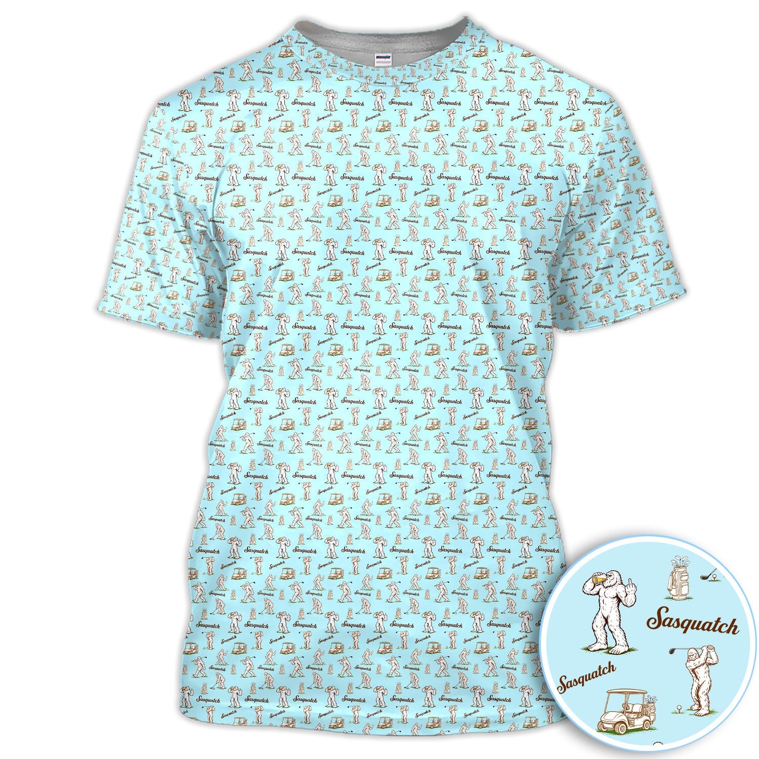 Vintage Sasquatch Golf Polo Shirt, Light Blue Bigfoot Pattern Shirt, Funny Golfer Gift For Men
