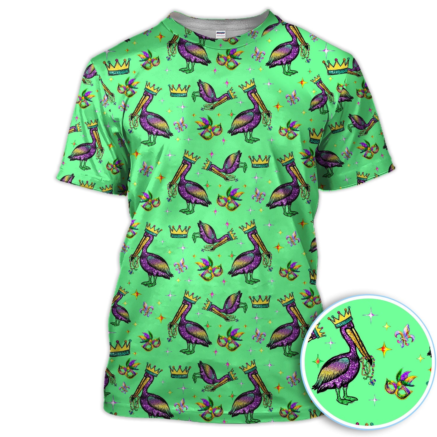 Mardi Gras Pelican Pattern Golf Polos, Funny Pelican Golf Shirt For Men, Crazy Golf Gift For Golfer