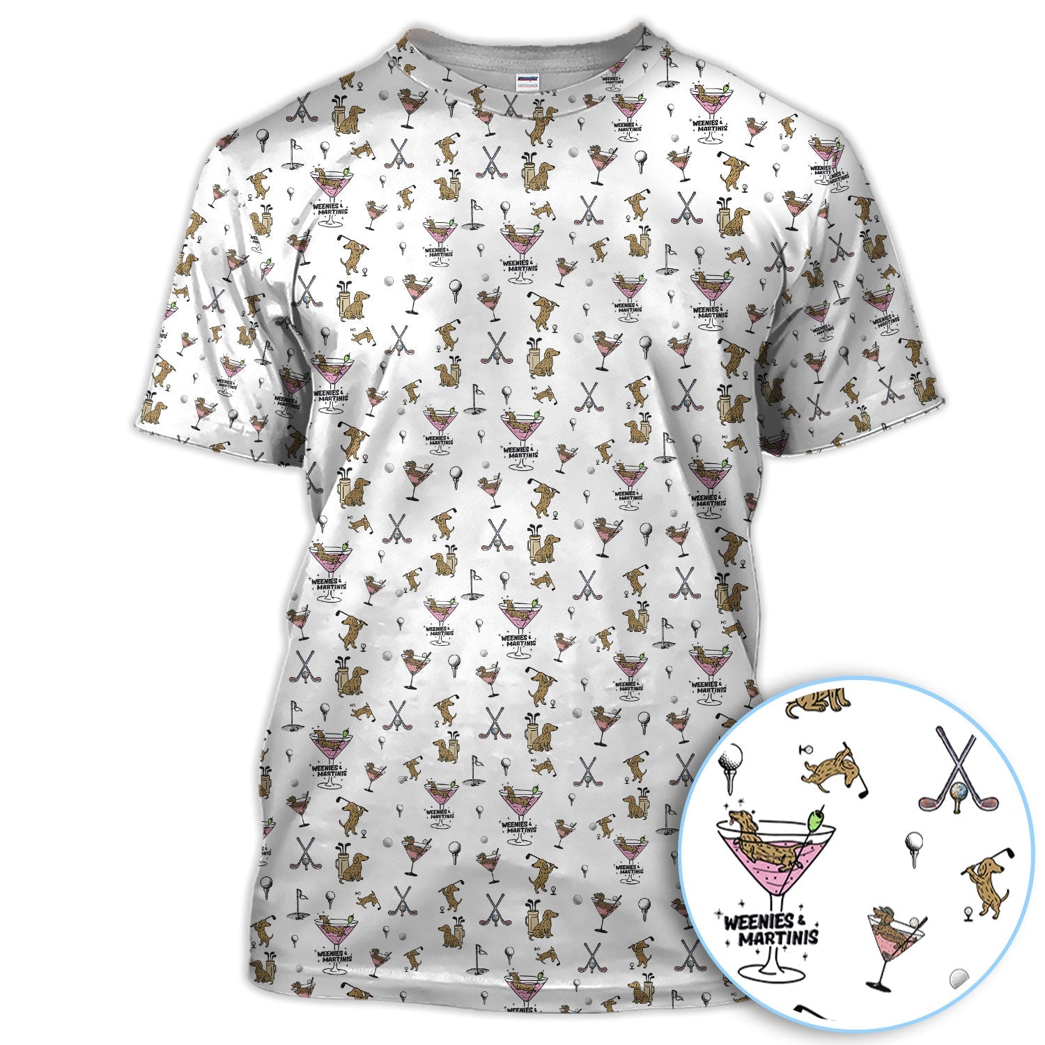Funny Dachshund Golf Polos, Weenies Dog And Martinis Pattern Shirt For Men, Crazy Golf Shirt For Golfer
