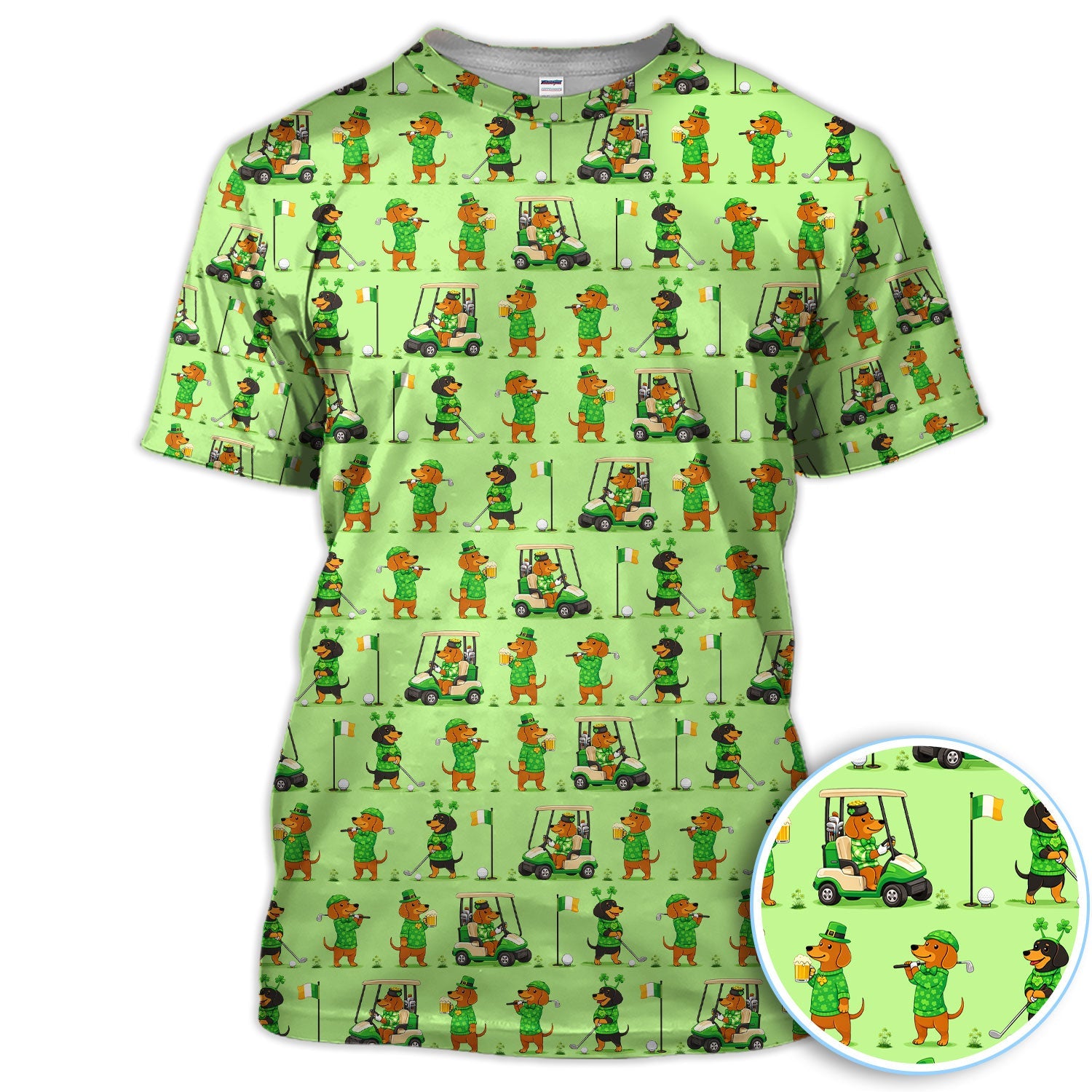 St. Patrick’s Day Dachshund Pattern Golf Polos, Funny Irish Wiener Dog Golf Shirt For Men, Golf Gift For Golfer