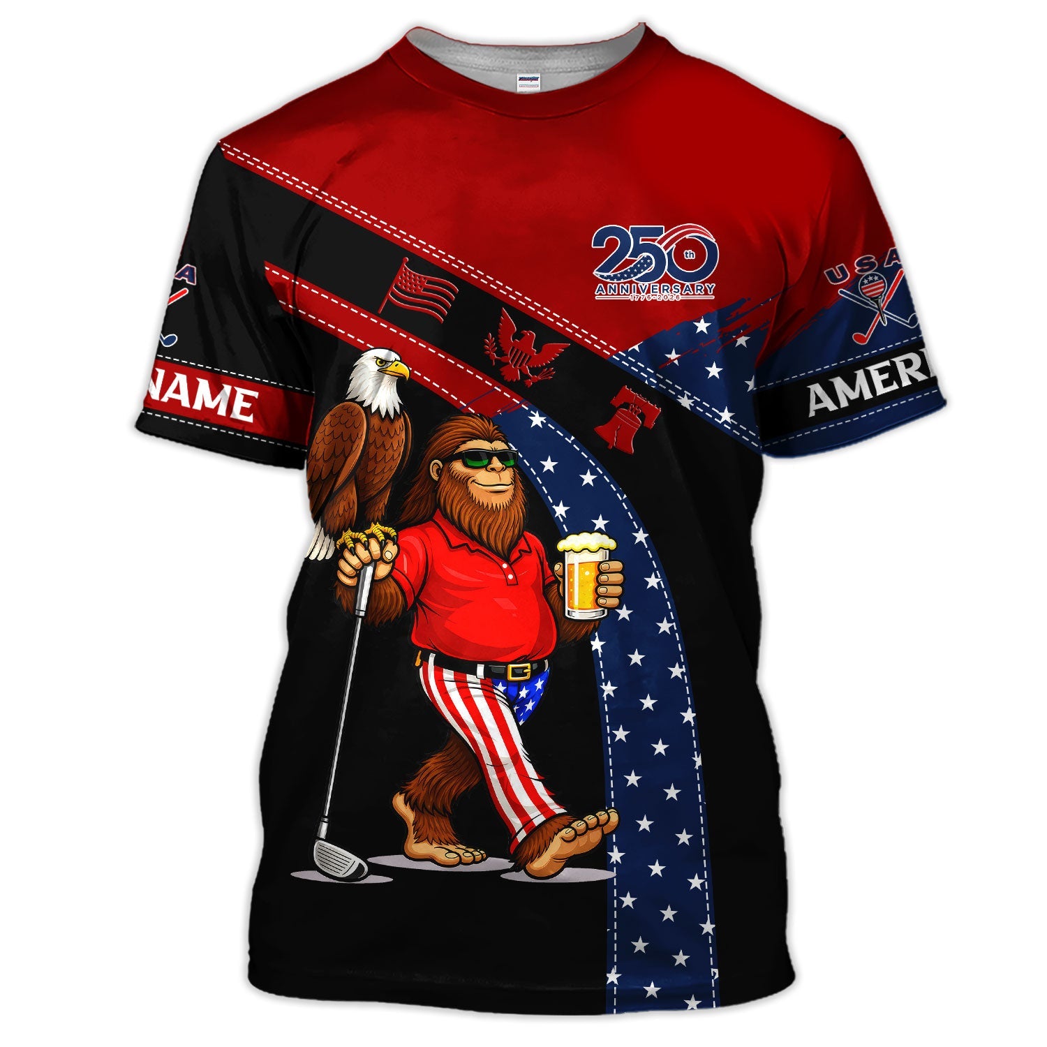 Funny Patriotic Golf Polos, Bigfoot Eagle Beer Pattern Shirt For Men, USA Golf Vibes