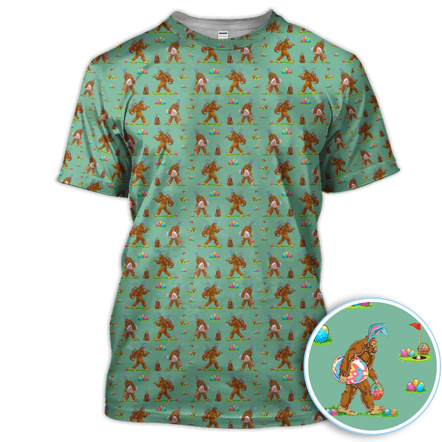 Bigfoot Easter Pattern Golf Polos, Bunny Sasquatch Golf Shirt For Men, Easter Day Shirt For Golfer