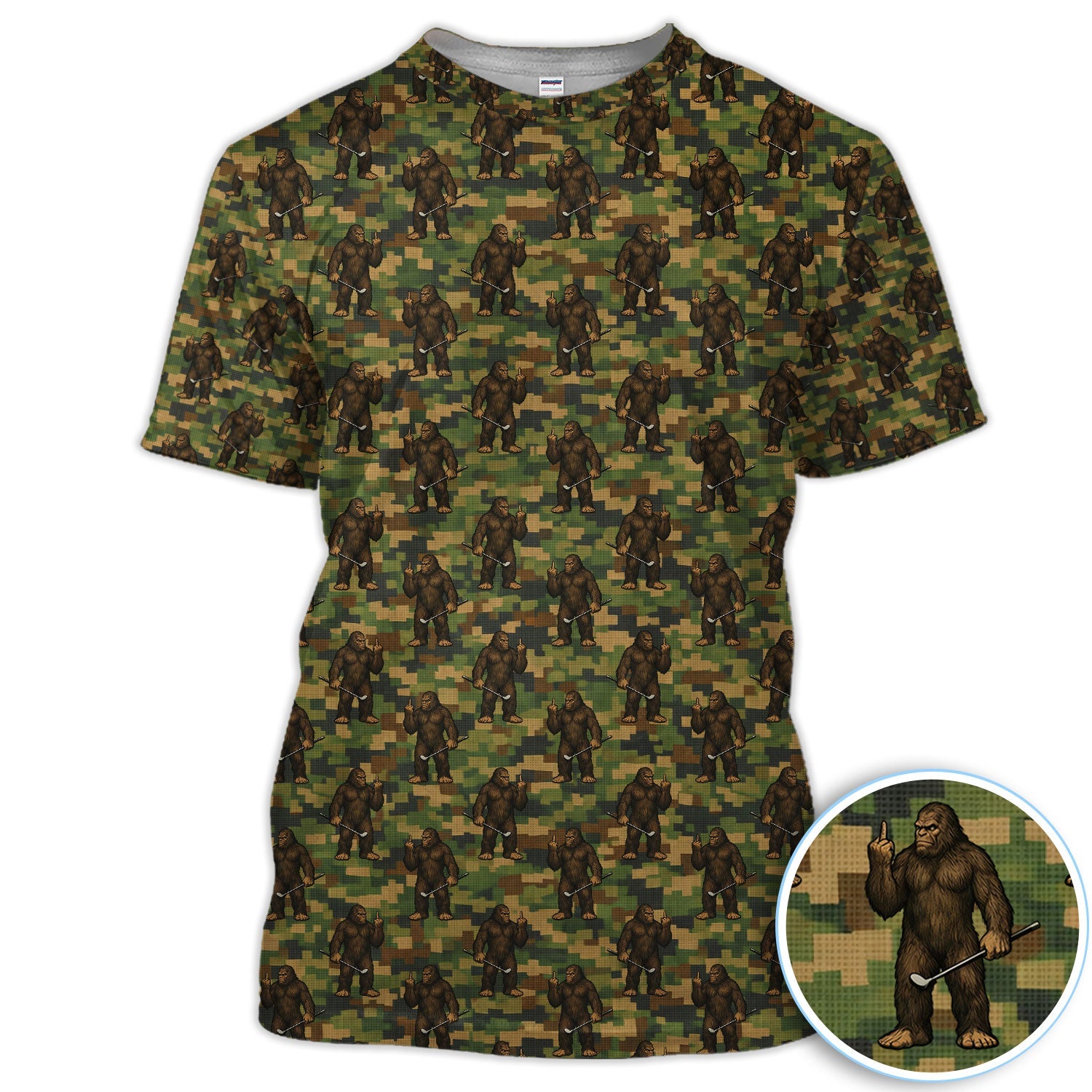 Bigfoot Golfer Camo Pattern Golf Shirt, Sasquatch Middle Finger Golf Shirt For Men, Golfer Gift