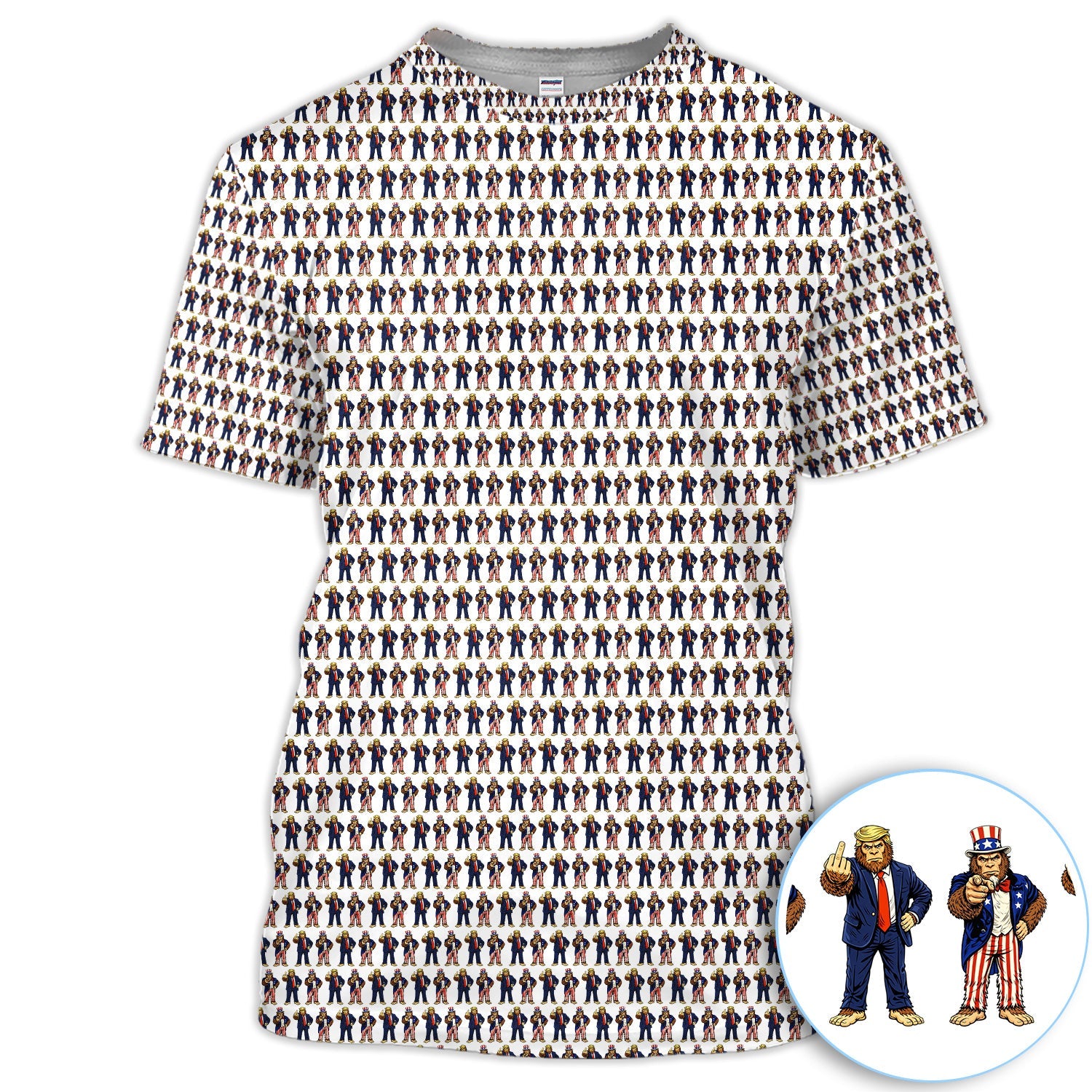 Funny Patriotic Bigfoot Polo Shirt, Trump & Uncle Sam Sasquatch Pattern Shirt, 4th of July Golf Gift For Men