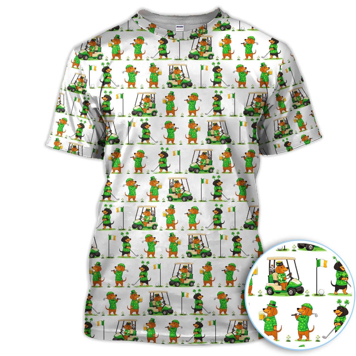 St. Patrick’s Day Dachshund Pattern Golf Polos, Funny Irish Wiener Dog Golf Shirt For Men, Golf Gift For Golfer