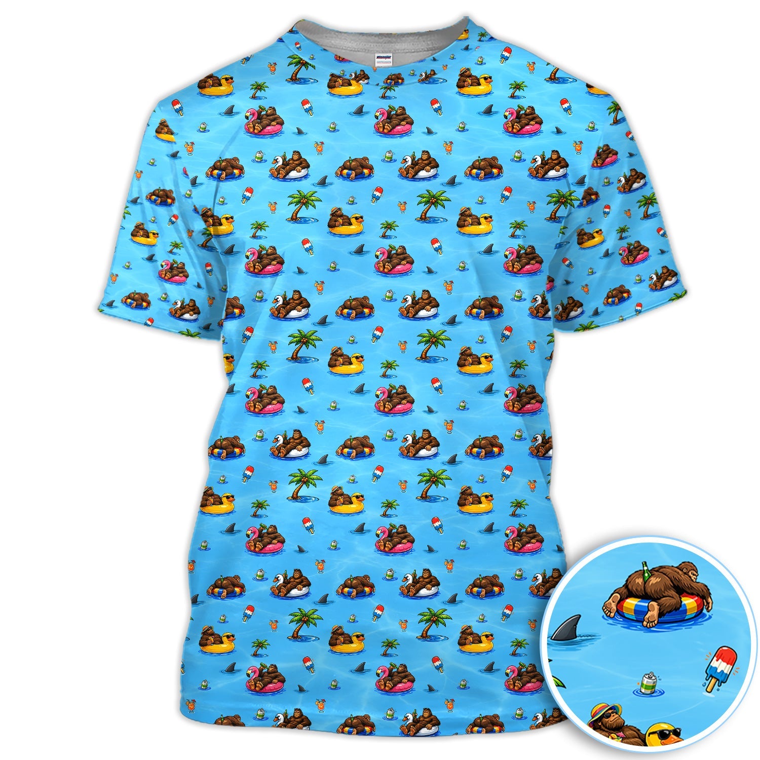 Funny Summer Bigfoot Pool Float Pattern Shirt, Sasquatch Beach Party Golf Polo Shirt For Men, Vacation Golf Gift
