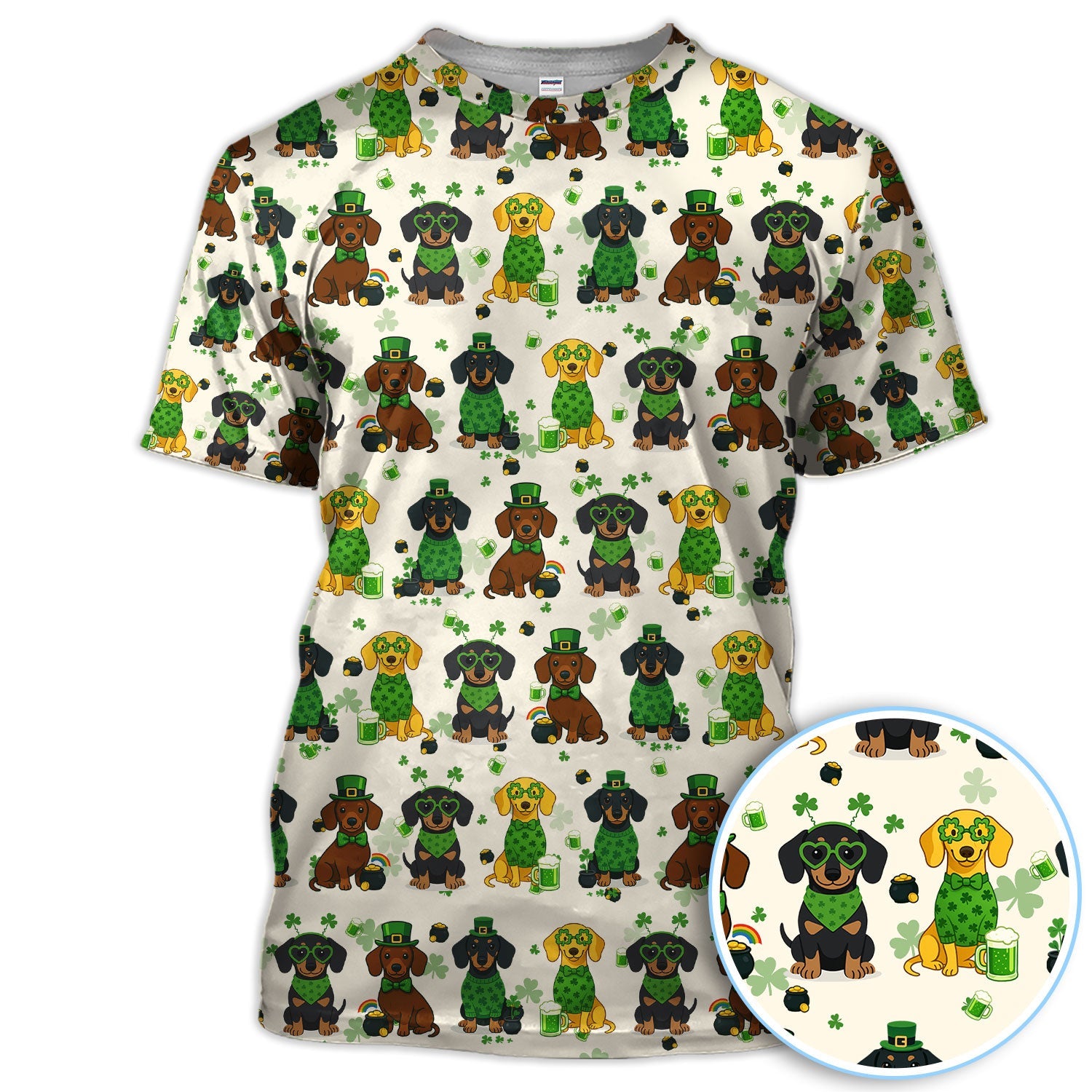 St. Patrick’s Day Dachshund Dog Pattern Golf Shirt, Funny Shamrock Dog Golf Polos For Men, Golf Gift For Golfer