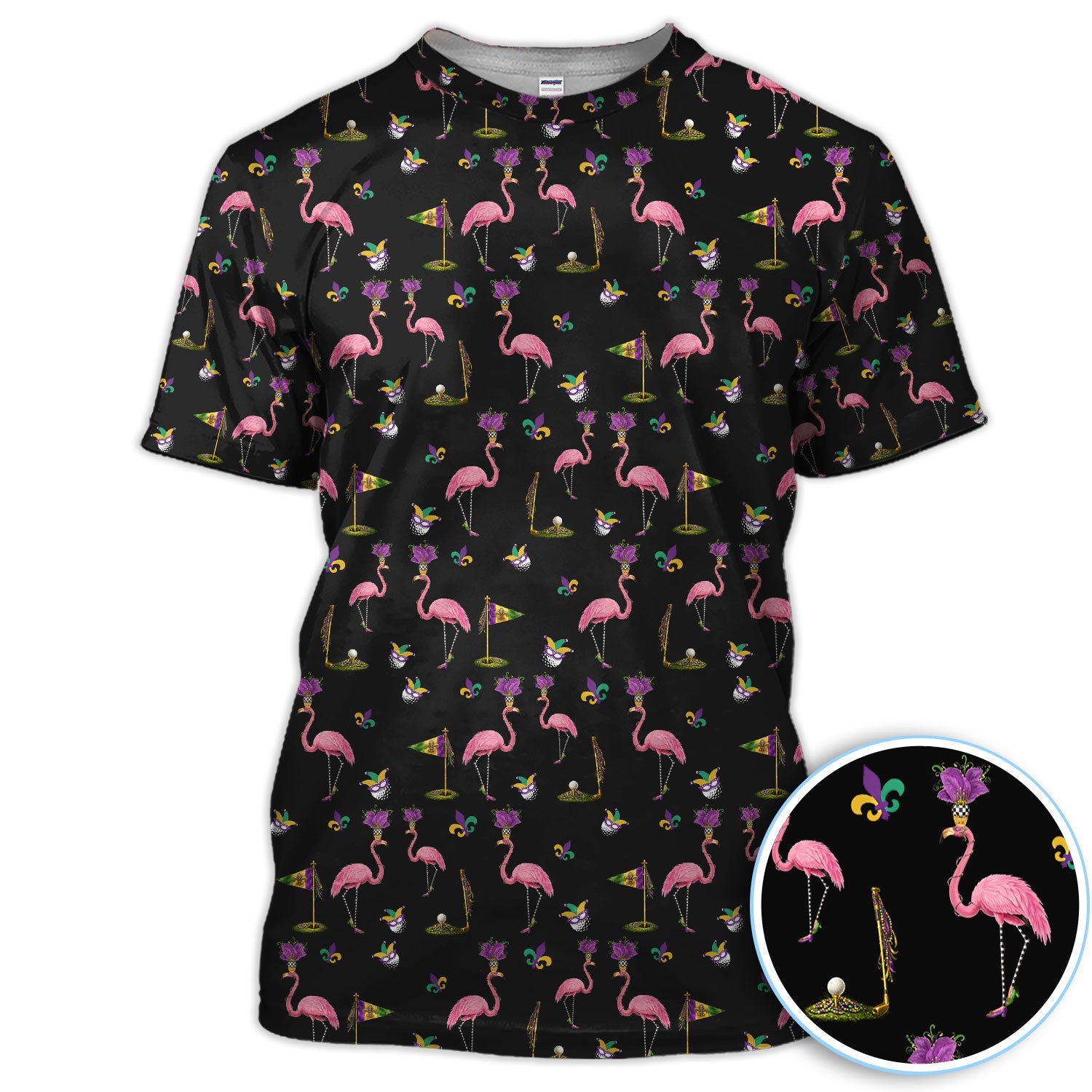 Flamingo Mardi Gras Golf Polos For Golfer, Funny Holiday Pattern Golf Shirt, Golf Gift For Men
