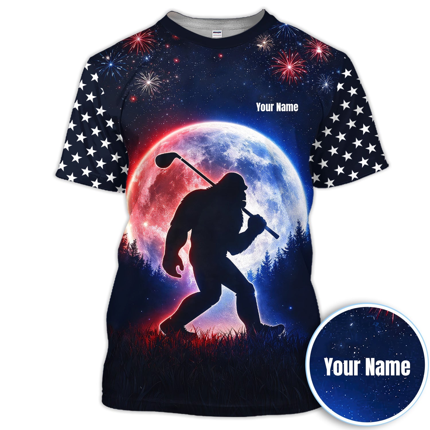 Bigfoot Golfer Patriotic Polo Shirt For Men, Custom Name USA Fireworks Moon Silhouette Sasquatch Golf Shirt