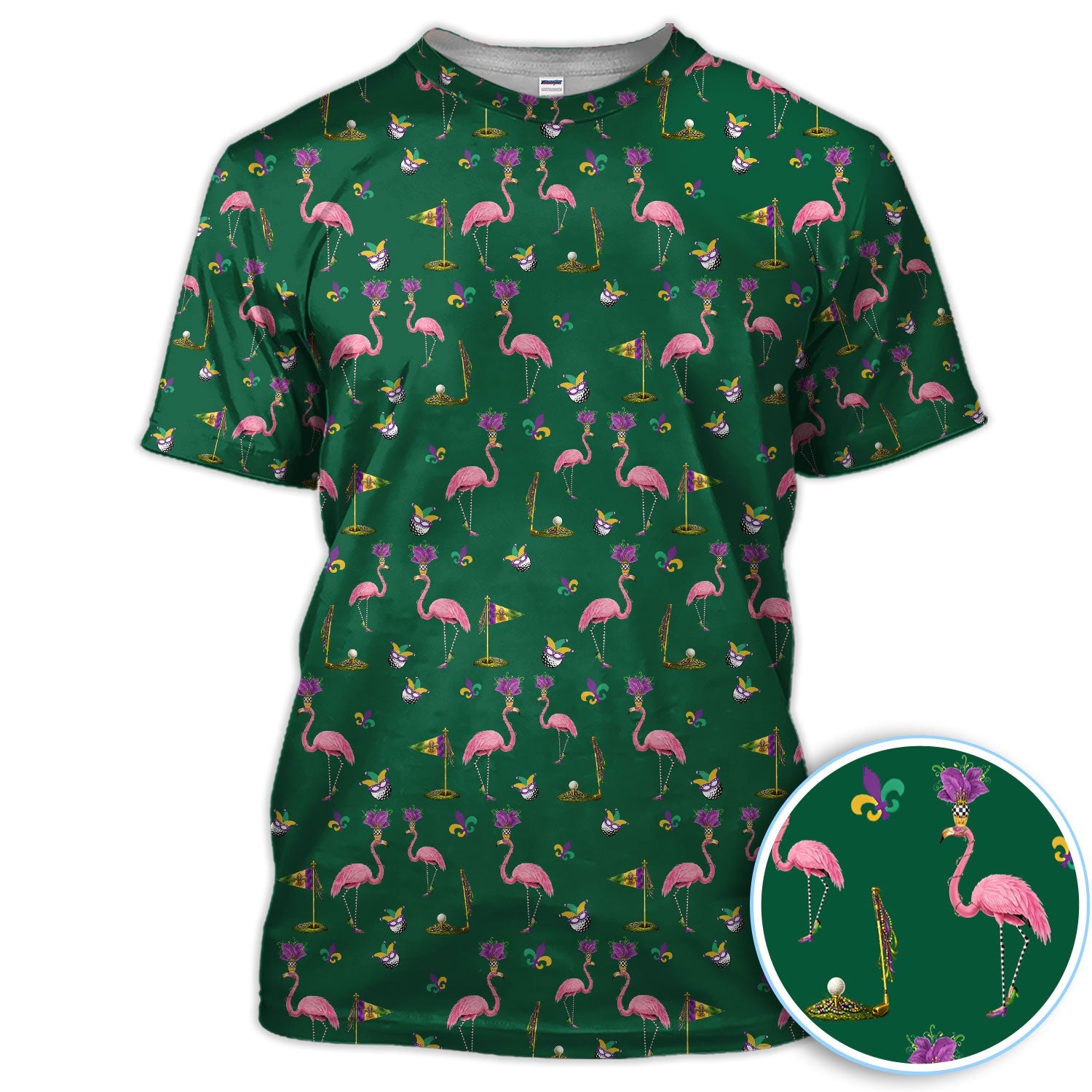 Flamingo Mardi Gras Golf Polos For Golfer, Funny Holiday Pattern Golf Shirt, Golf Gift For Men