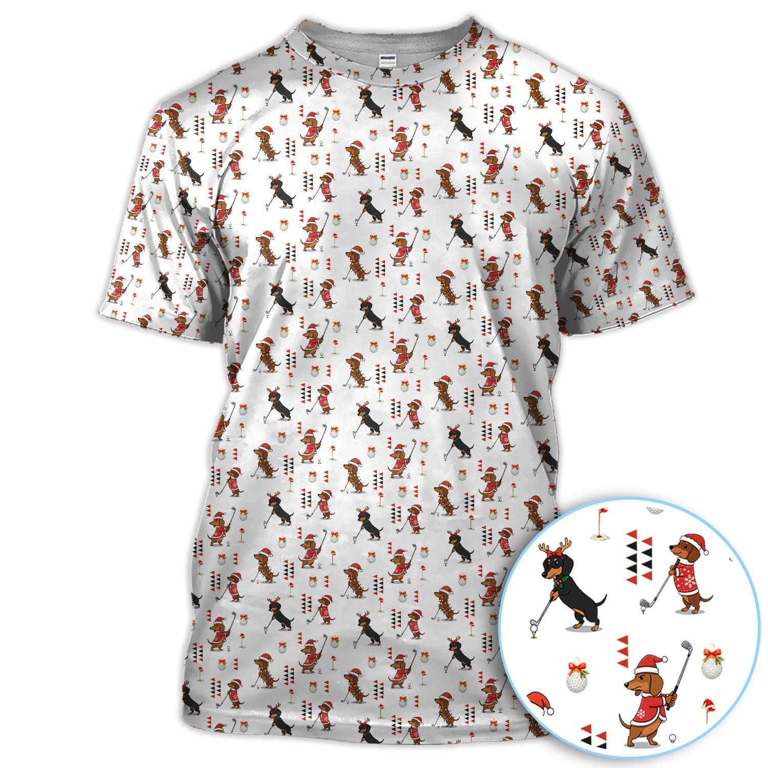 Christmas Dachshund Pattern Polos, Funny Xmas Wiener Dog Golf Shirt, Festive Golf Gift For Men