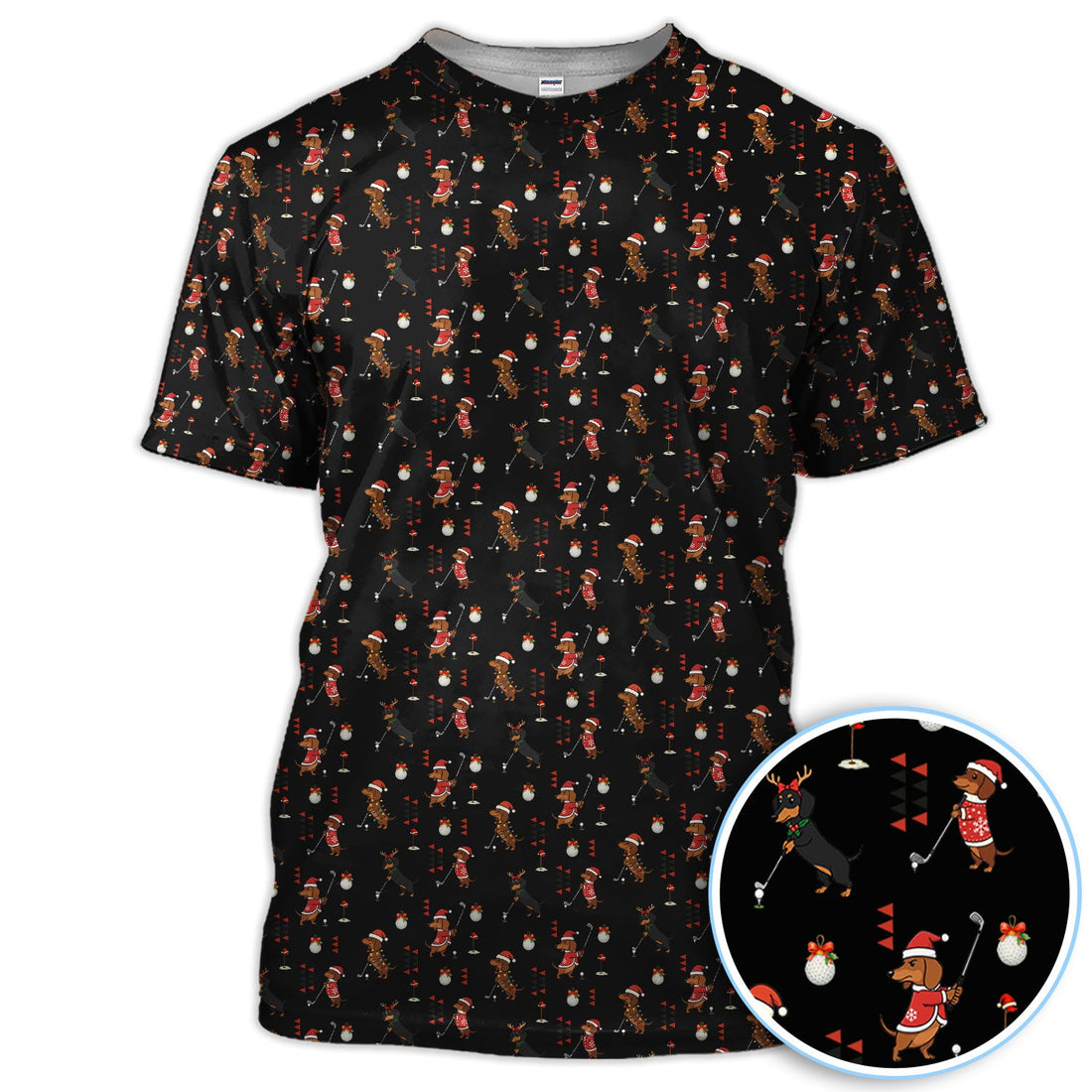 Christmas Dachshund Pattern Polos, Funny Xmas Wiener Dog Golf Shirt, Festive Golf Gift For Men