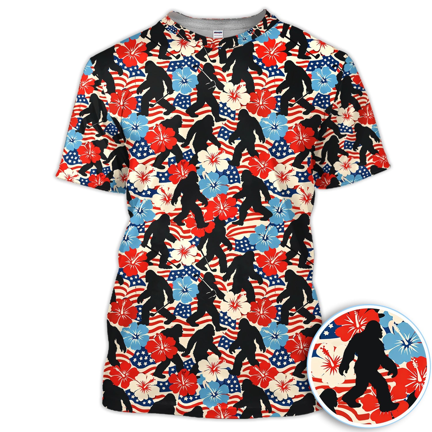 Patriotic Bigfoot USA Flag Floral Golf Pattern Shirt, Sasquatch Golf Shirt For Men, 4th Of July Golfer Gift