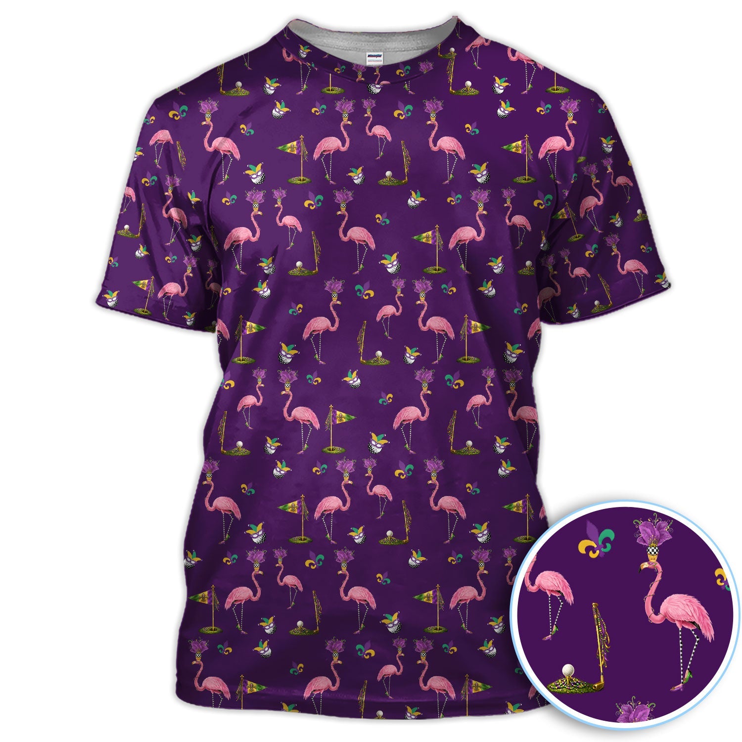 Flamingo Mardi Gras Golf Polos For Golfer, Funny Holiday Pattern Golf Shirt, Golf Gift For Men