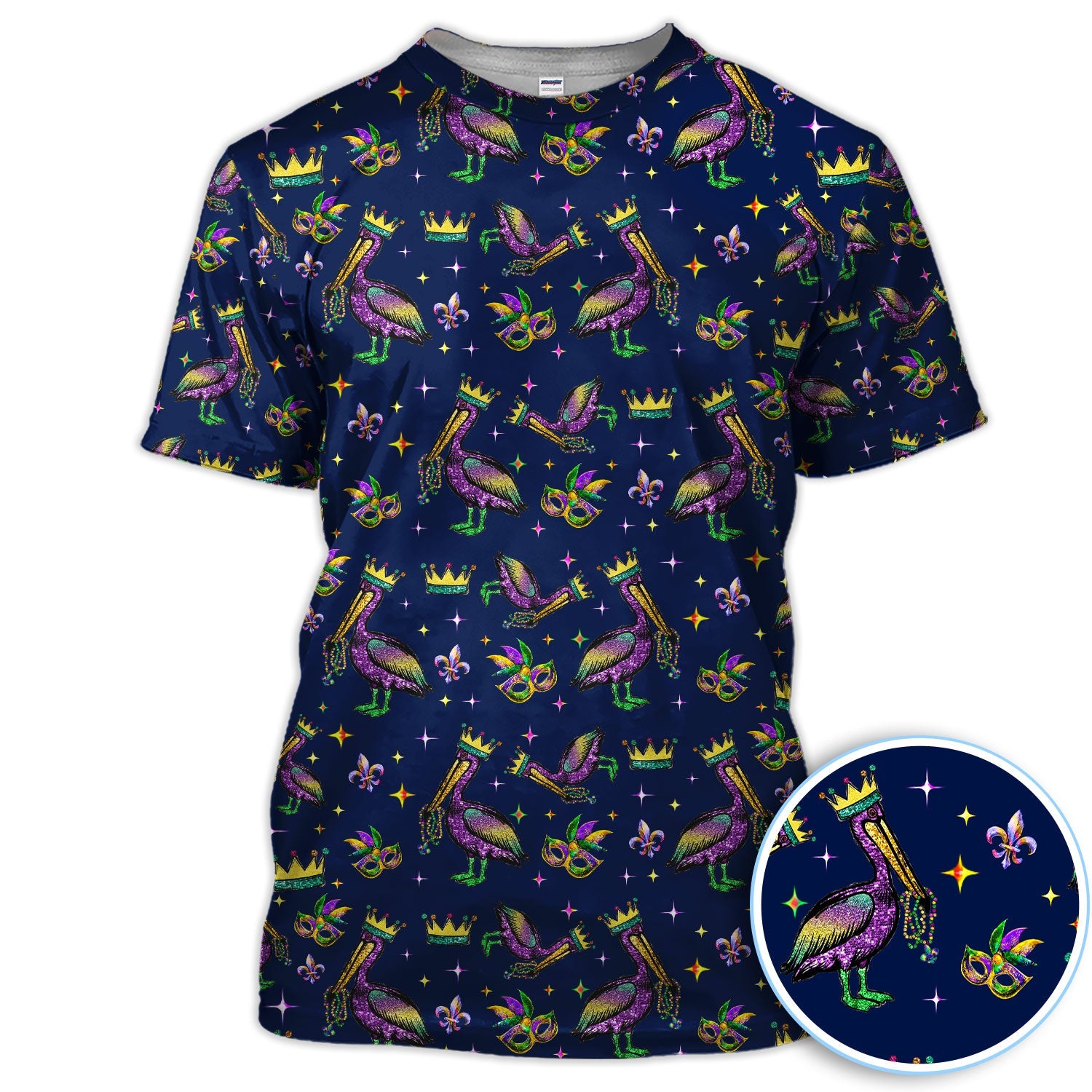 Mardi Gras Pelican Pattern Golf Polos, Funny Pelican Golf Shirt For Men, Crazy Golf Gift For Golfer