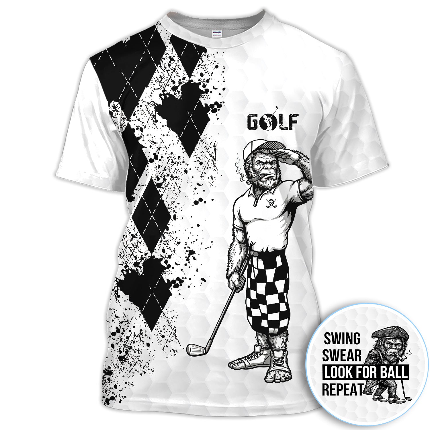 Funny Bigfoot Golfer Polo Shirt, Swing Swear Repeat Graphic Polo For Men, Unique Sasquatch Golf Outfit