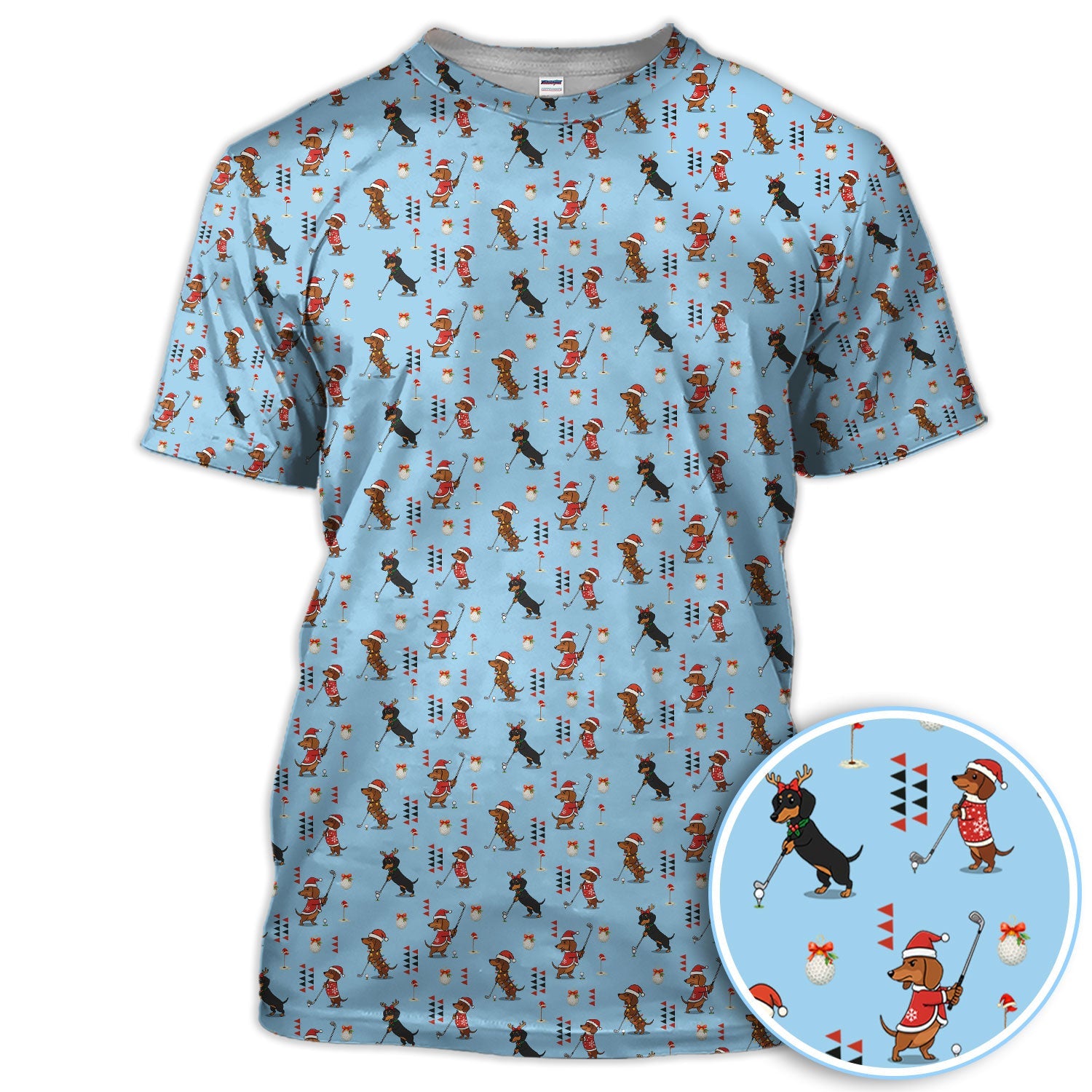 Christmas Dachshund Pattern Polos, Funny Xmas Wiener Dog Golf Shirt, Festive Golf Gift For Men
