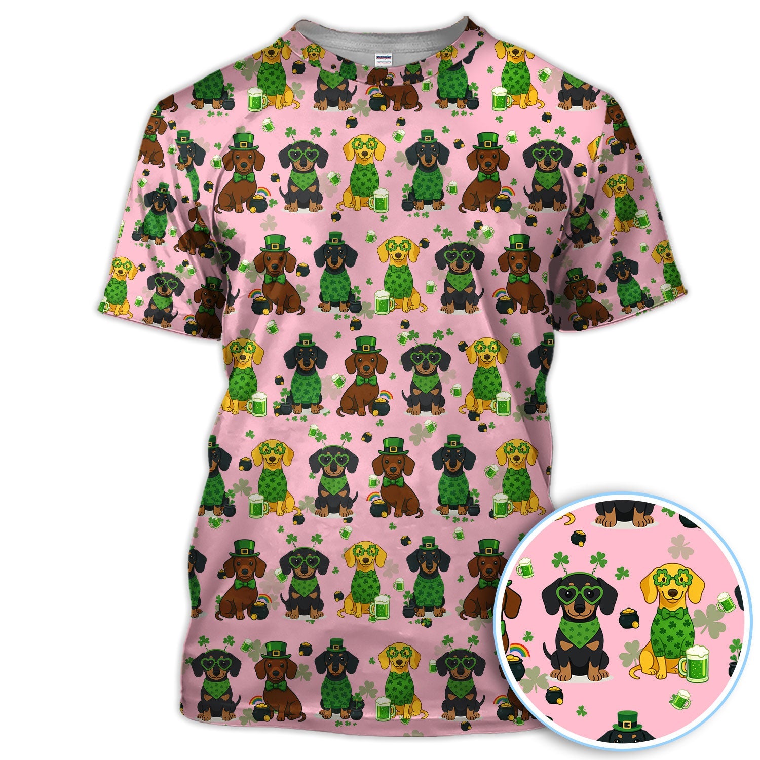 St. Patrick’s Day Dachshund Dog Pattern Golf Shirt, Funny Shamrock Dog Golf Polos For Men, Golf Gift For Golfer