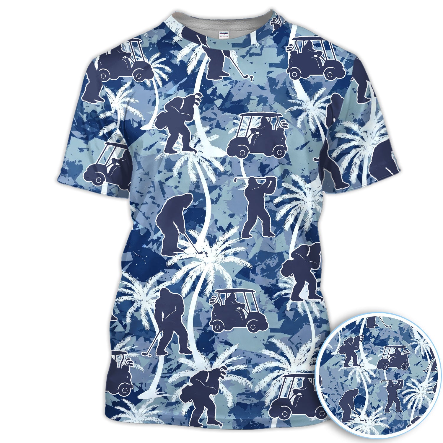 Funny Bigfoot Golf Cart Palm Tree Pattern Shirt, Sasquatch Golf Shirt For Men, Golfer Vacation Gift