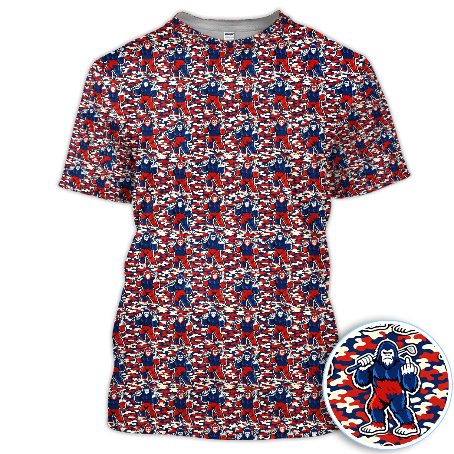 Patriotic Bigfoot Golf Polo Shirt, Red White Blue Camo Sasquatch Pattern Shirt, Funny Golfer Gift For Men