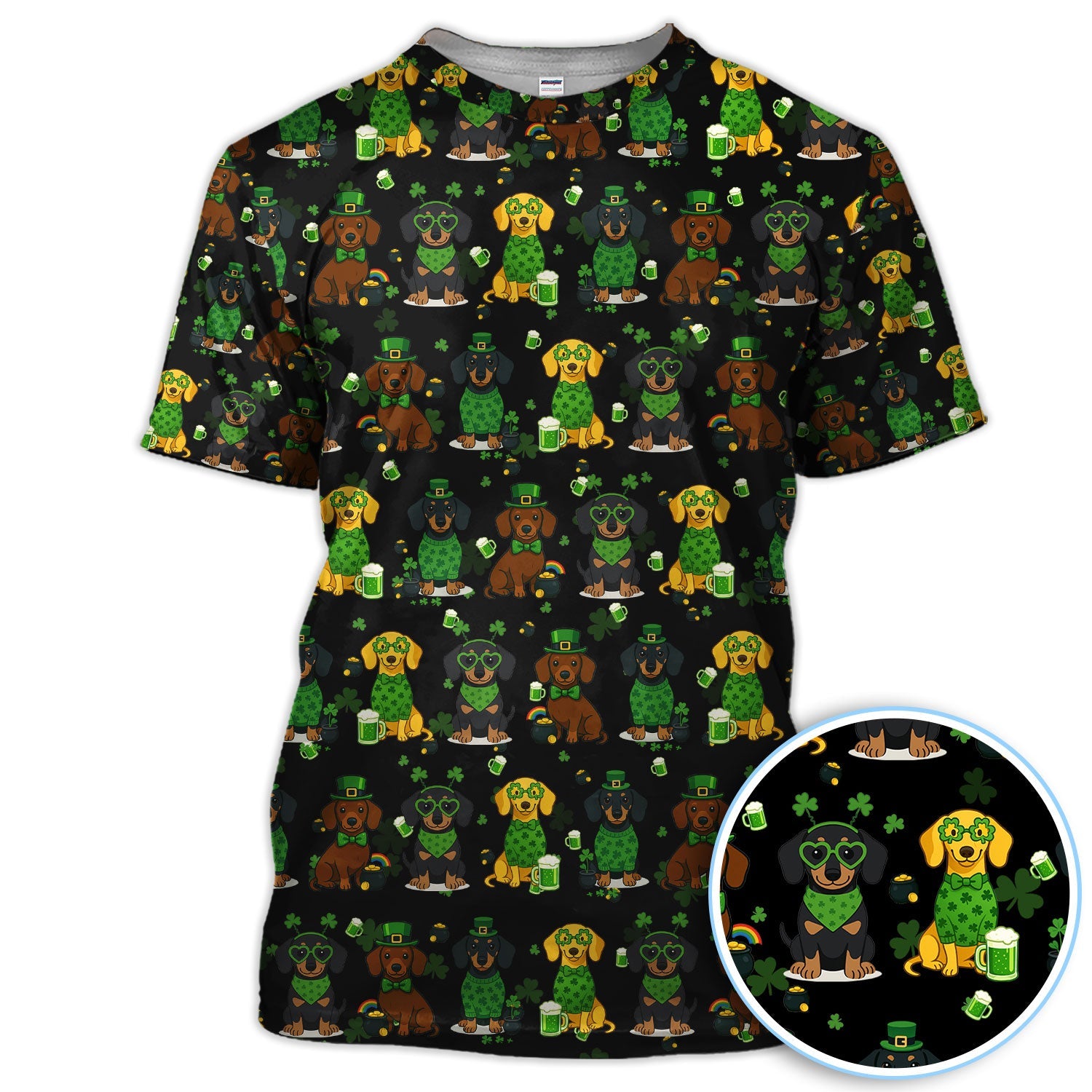St. Patrick’s Day Dachshund Dog Pattern Golf Shirt, Funny Shamrock Dog Golf Polos For Men, Golf Gift For Golfer