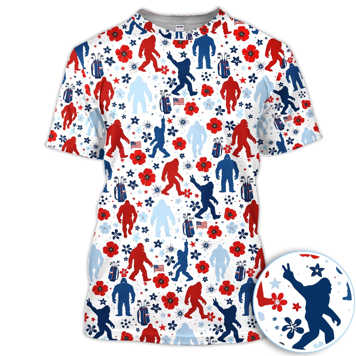 Patriotic Bigfoot Golf Polo Shirt For Men, USA Flag Red Blue White Sasquatch Pattern Golf Shirt