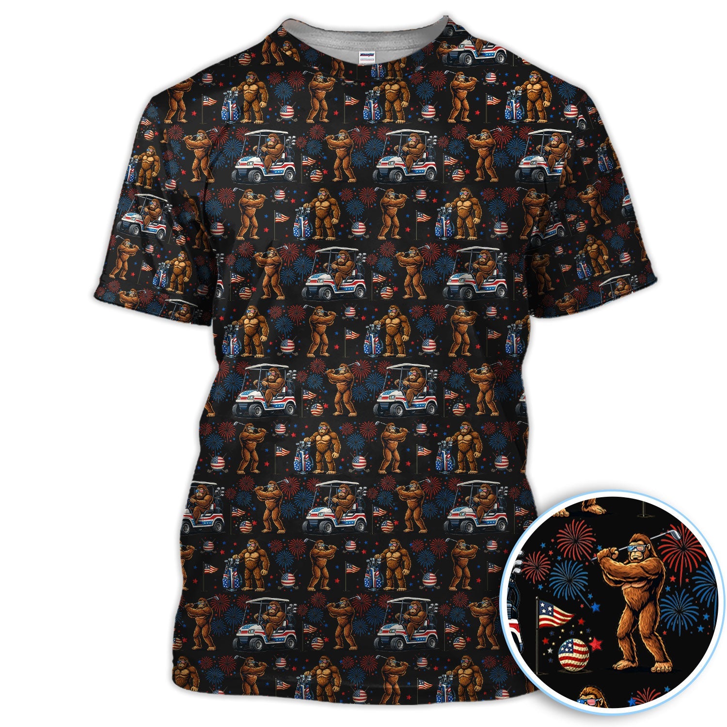 Funny Bigfoot Golf Polos For Golfer, Sasquatch Patriotic USA Pattern Golf Shirt, Golf Gift For Men
